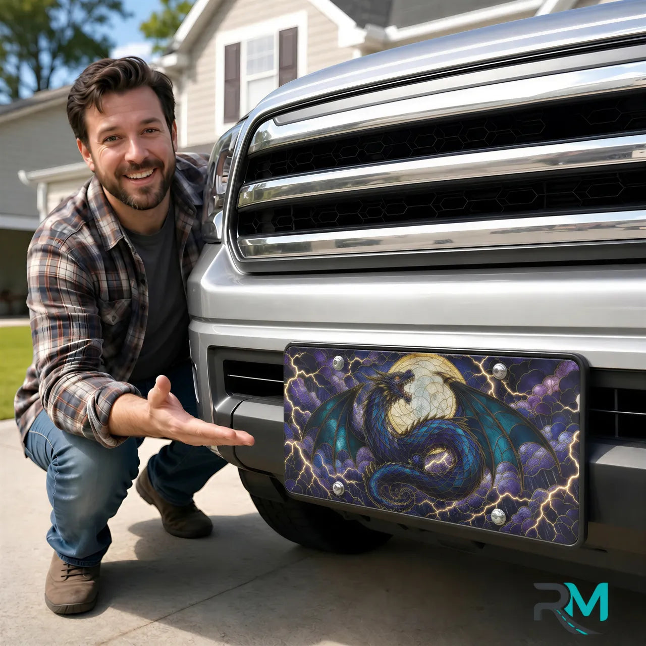 man with blue dragon vanity plate — jewel blue teal dragon moon front license plate