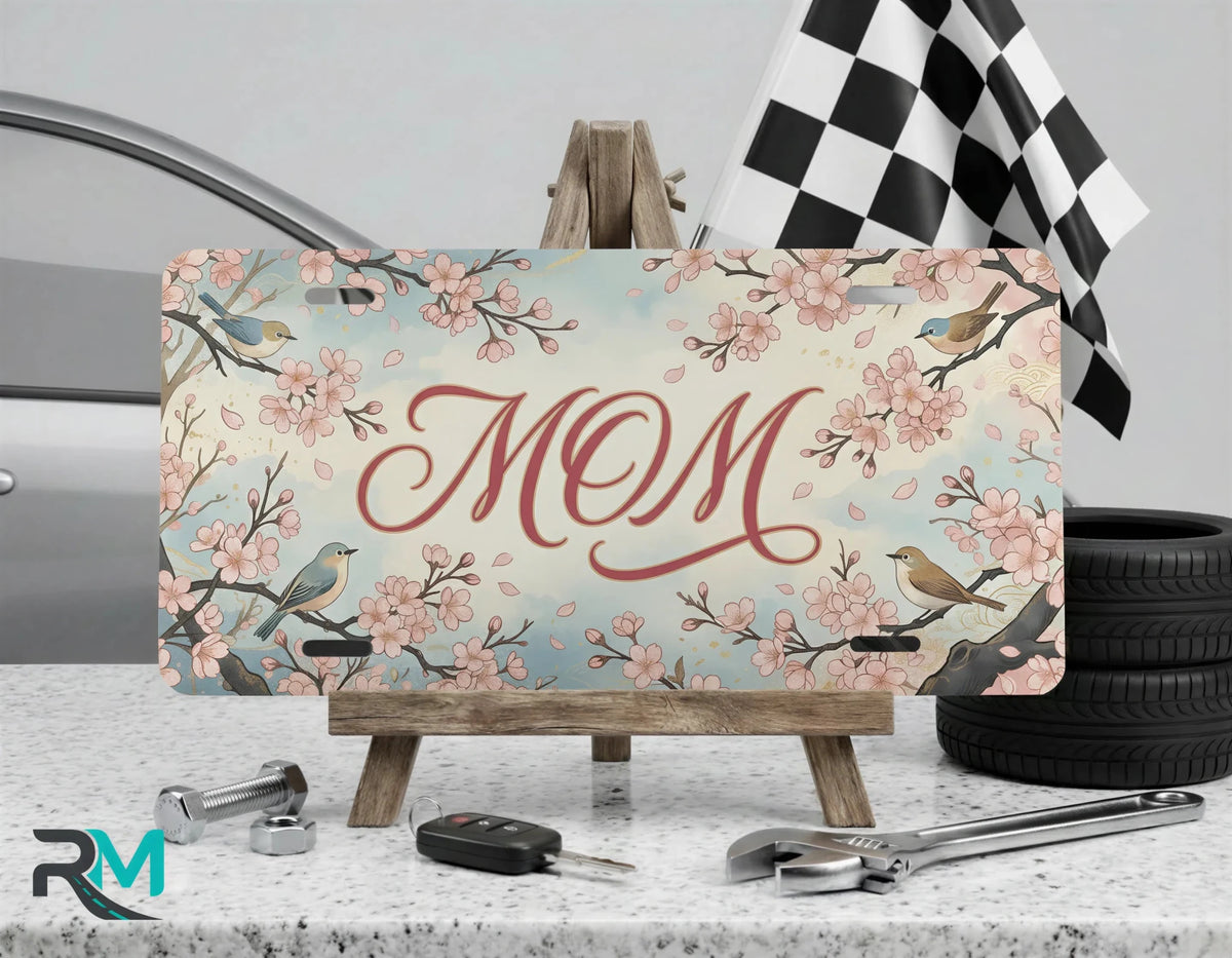 Mom Cherry Blossom Birds Vanity Plate - Road Muse