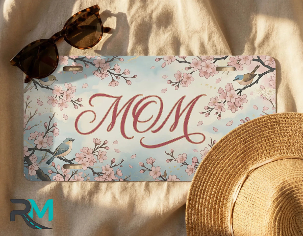 Mom Cherry Blossom Birds Vanity Plate - Road Muse