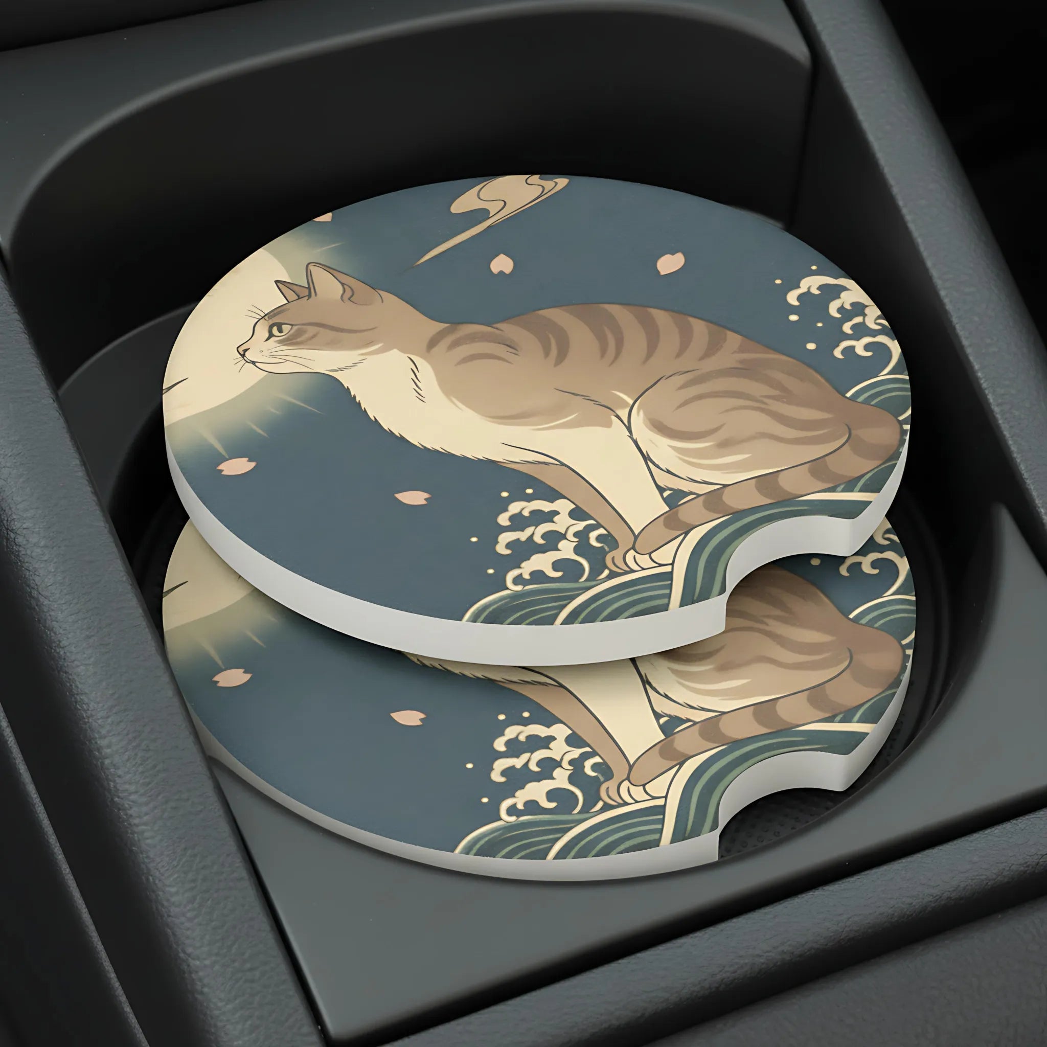 Moonlit Cat Japanese Wave Car Coasters Set - Road Muse