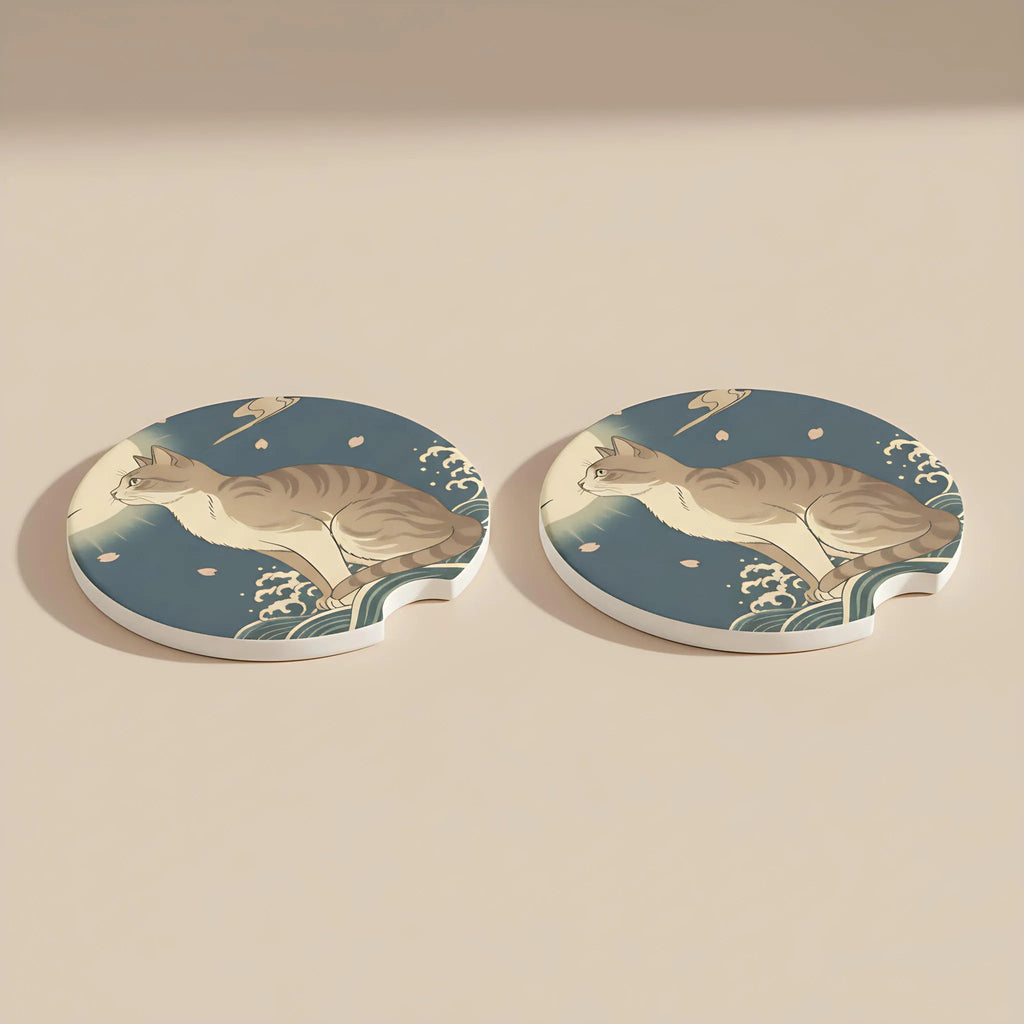 Moonlit Cat Japanese Wave Car Coasters Set - Road Muse