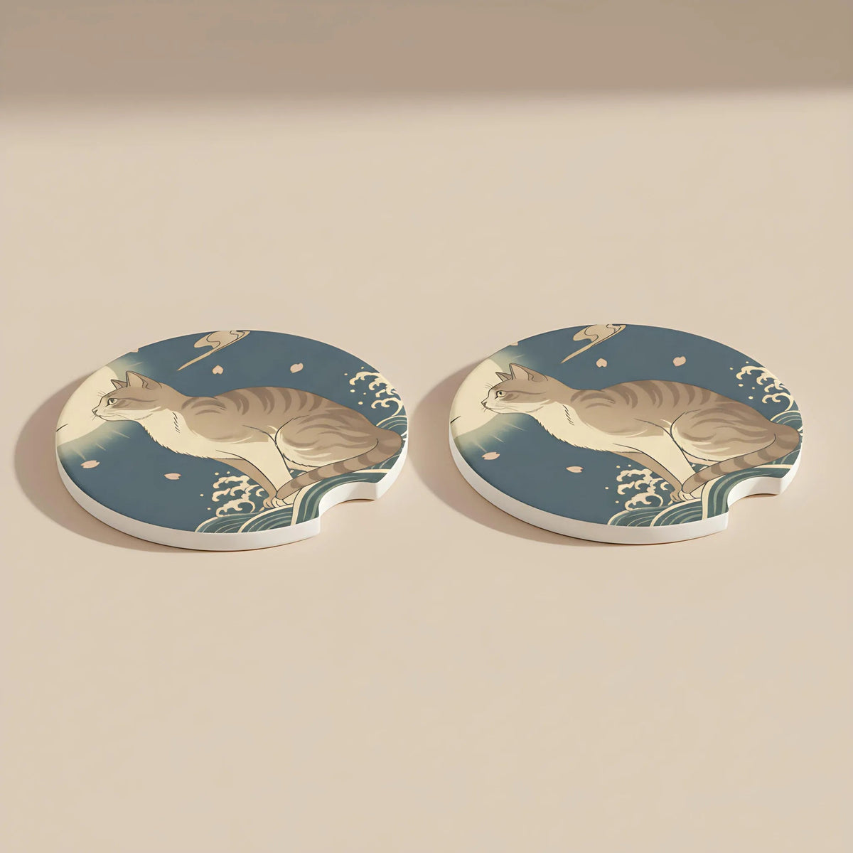 Moonlit Cat Japanese Wave Car Coasters Set - Road Muse