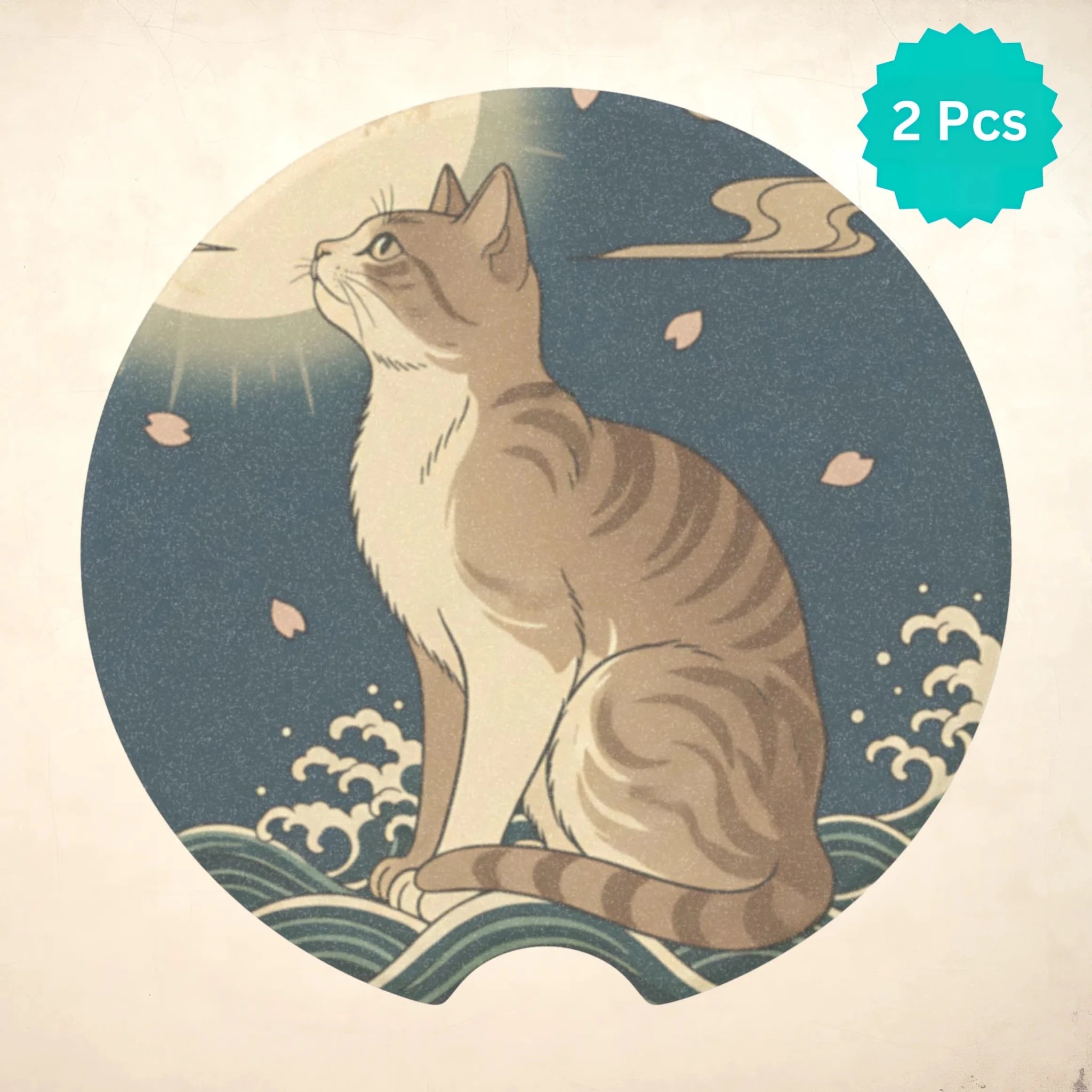 Moonlit Cat Japanese Wave Car Coasters Set - Road Muse