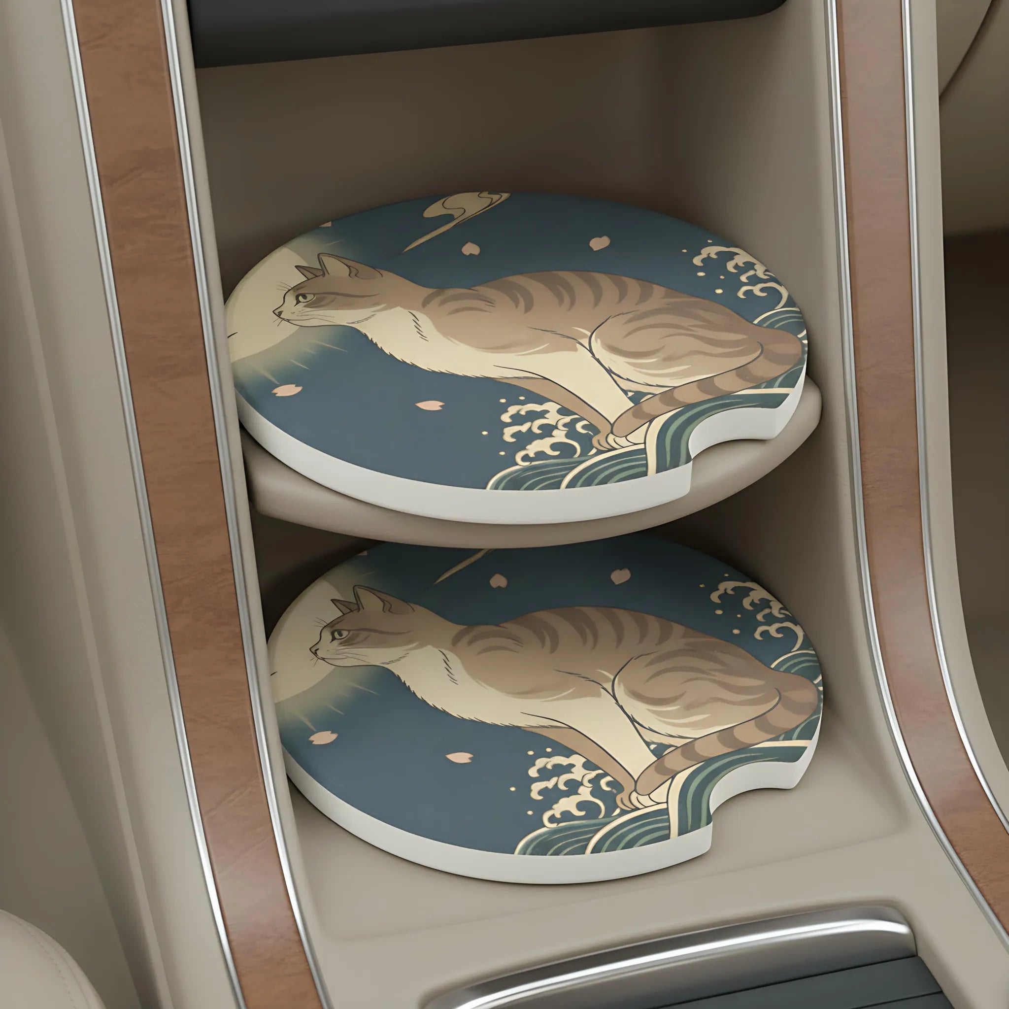 Moonlit Cat Japanese Wave Car Coasters Set - Road Muse