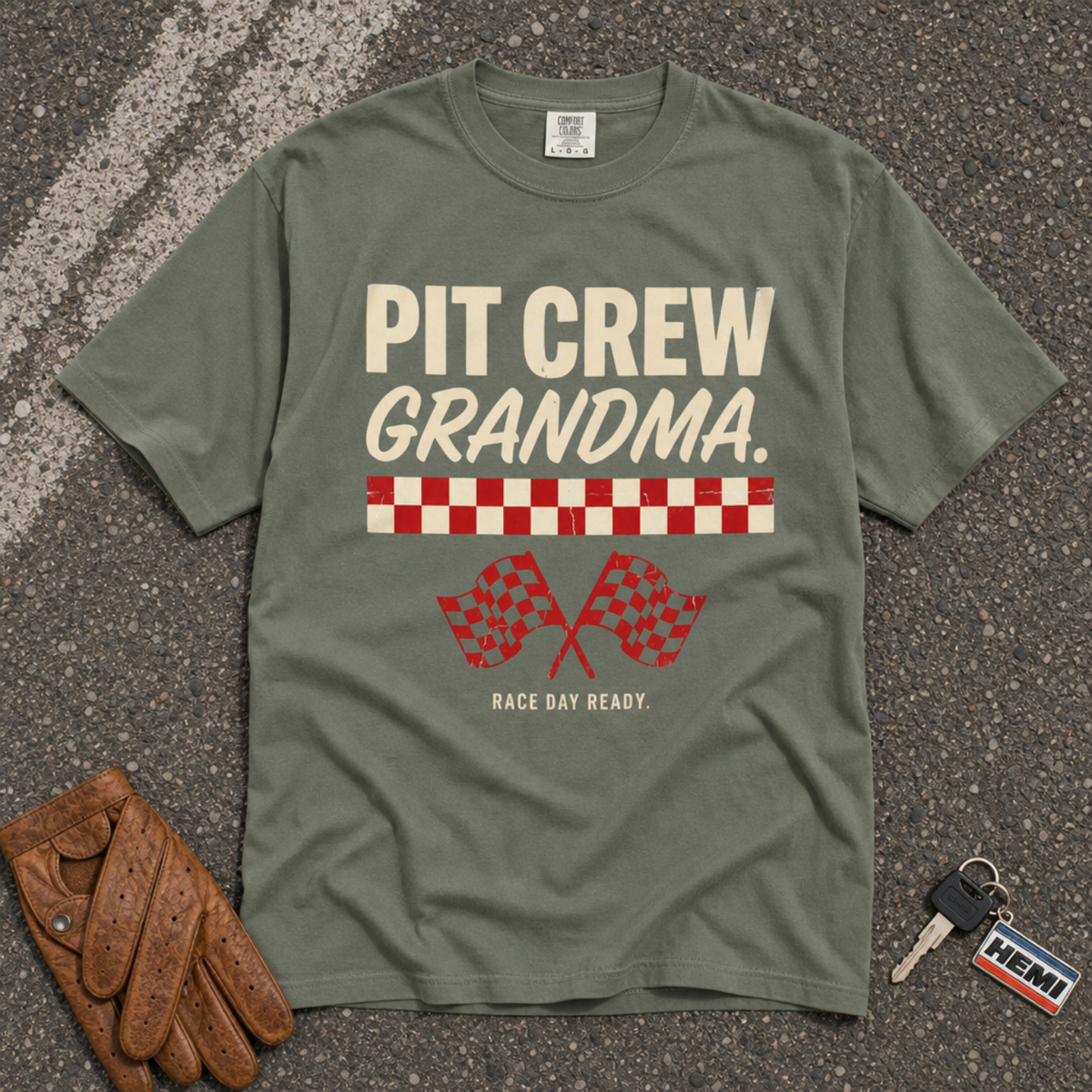 moss green pit crew grandma comfort colors tee — retro racing badge graphic shirt