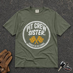 moss green pit crew sister graphic tee — vintage racing flags comfort colors shirt