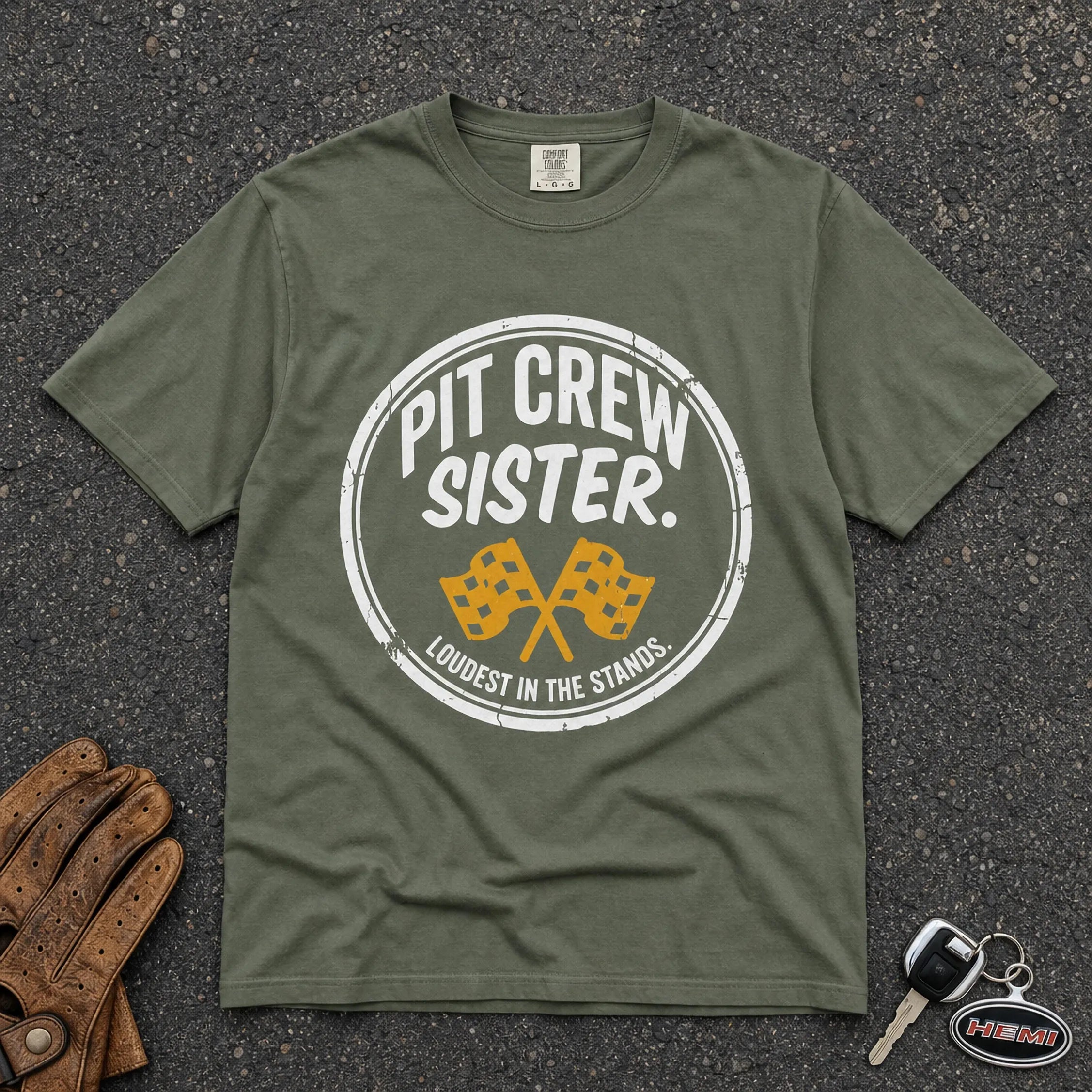 moss green pit crew sister graphic tee — vintage racing flags comfort colors shirt