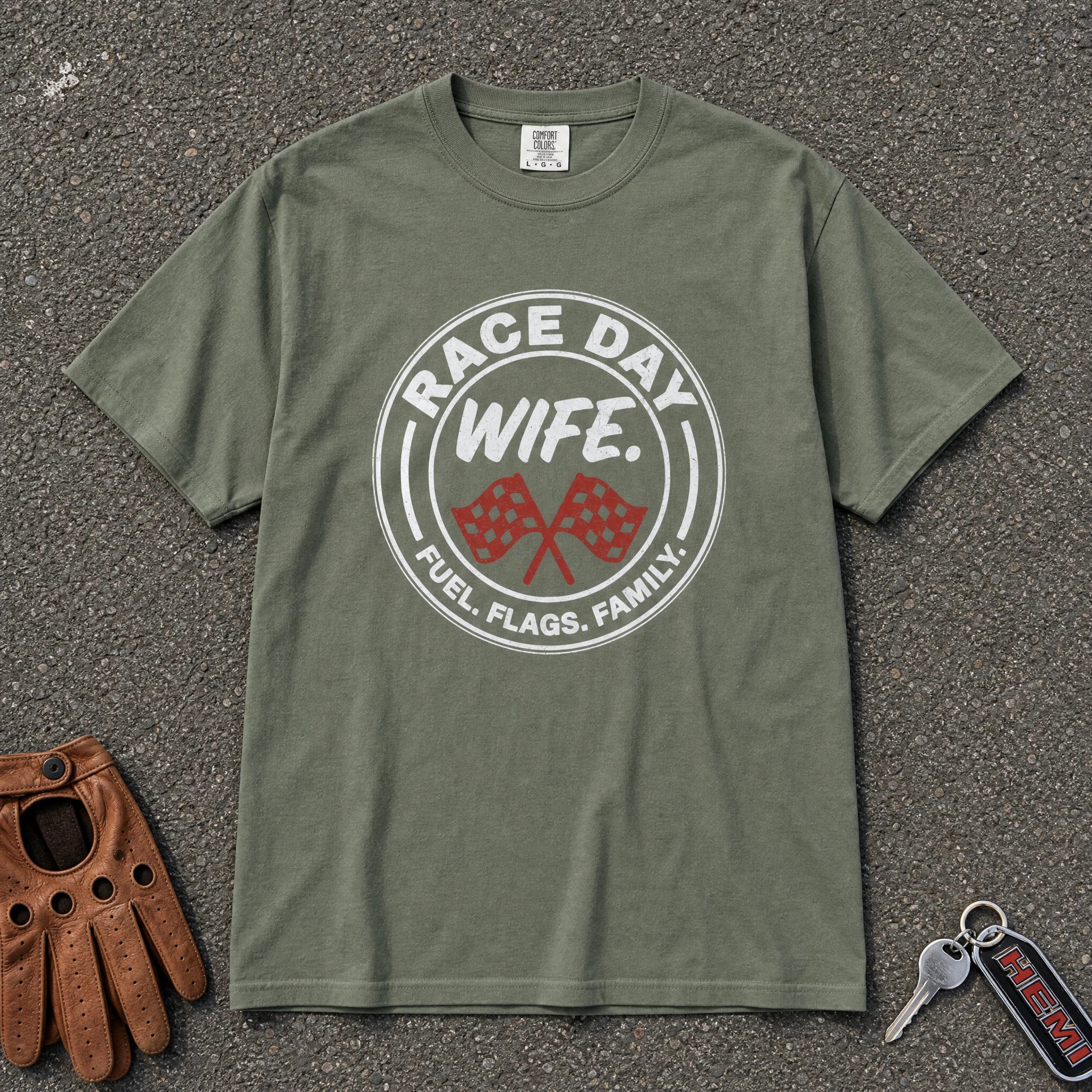 moss race day wife flags comfort colors tshirt — vintage motorsport wife graphic tee