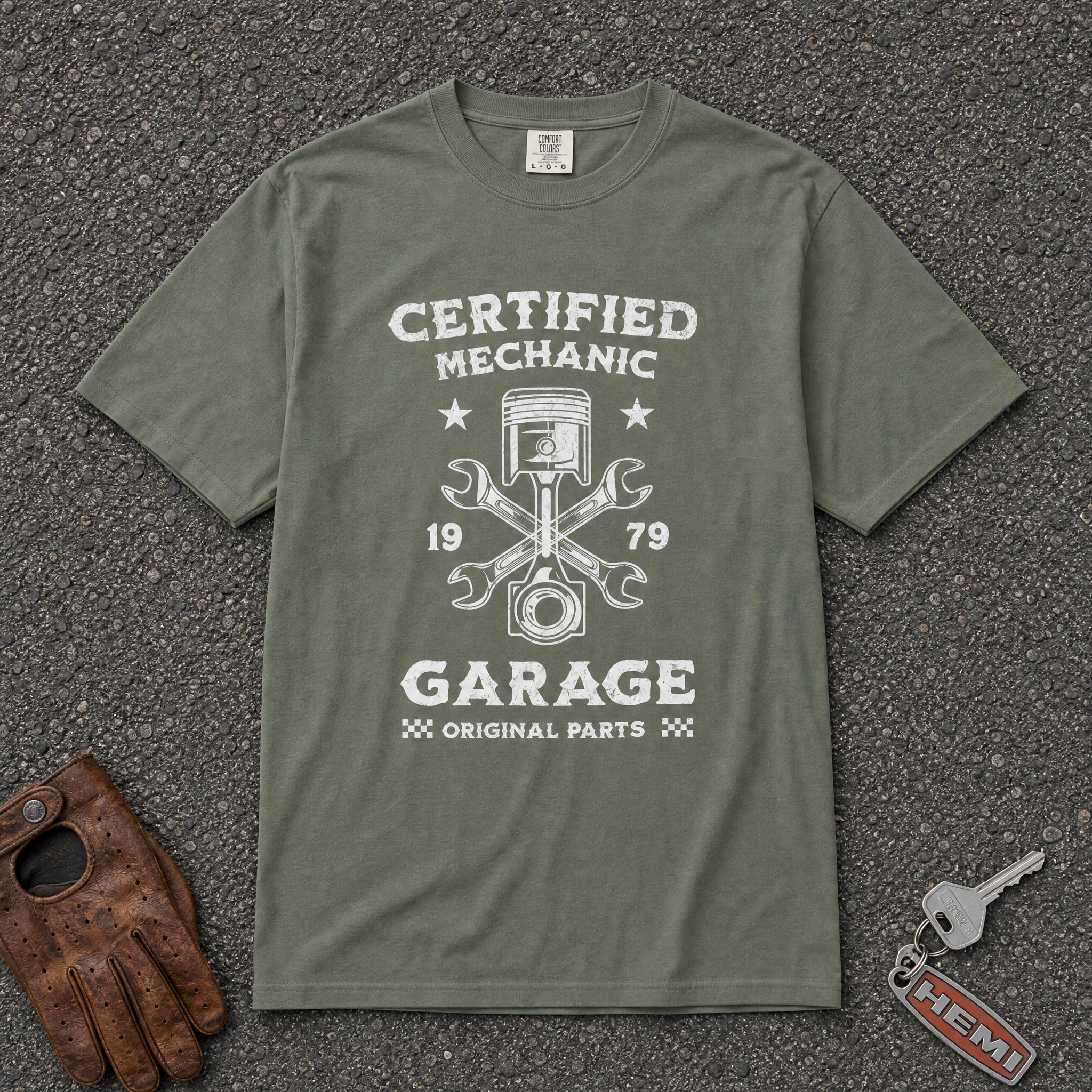 moss certified mechanic comfort colors tee — vintage auto repair piston wrench graphic shirt
