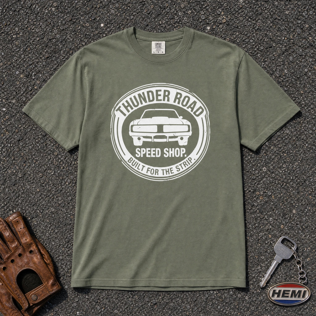moss thunder road speed shop comfort colors tshirt - vintage muscle car logo tee