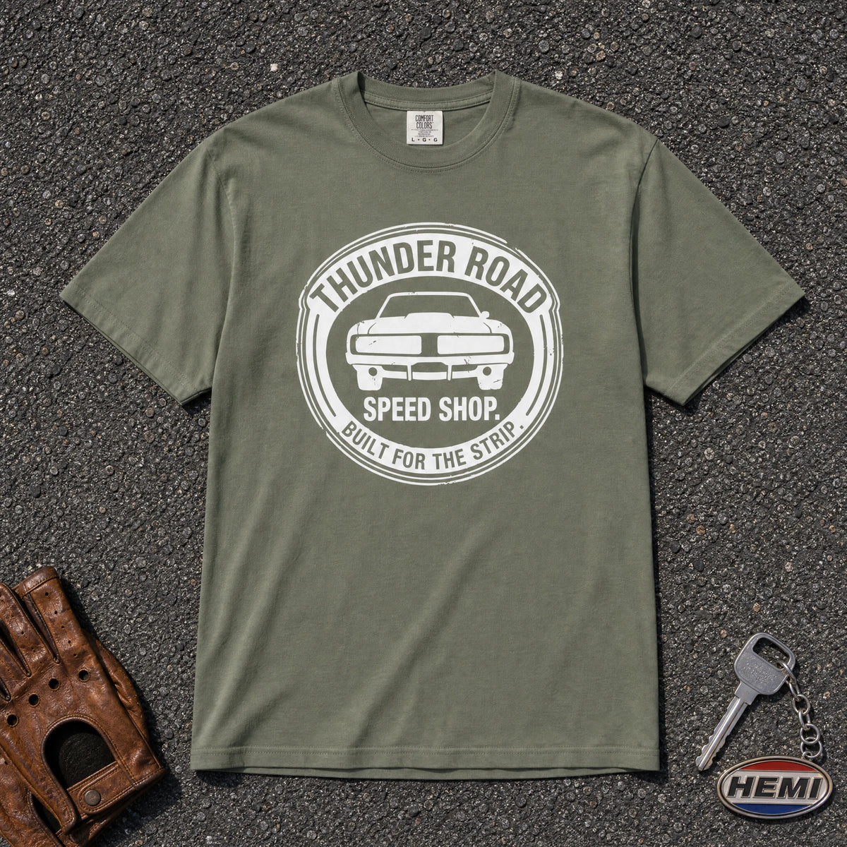 moss thunder road speed shop comfort colors tshirt - vintage muscle car logo tee