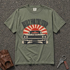 moss built for the strip muscle car tshirt — vintage hot rod sunburst graphic comfort colors tee