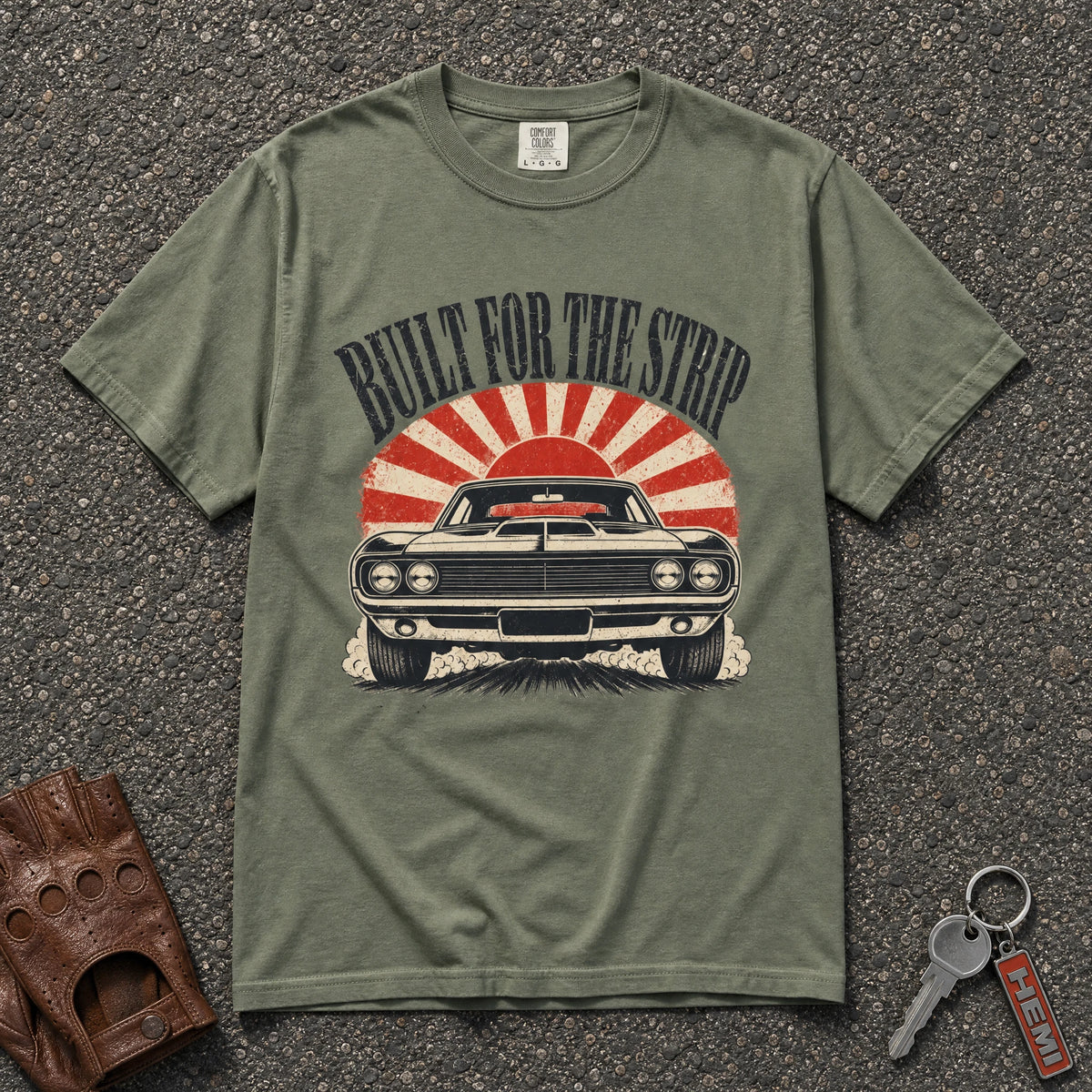 moss built for the strip muscle car tshirt — vintage hot rod sunburst graphic comfort colors tee