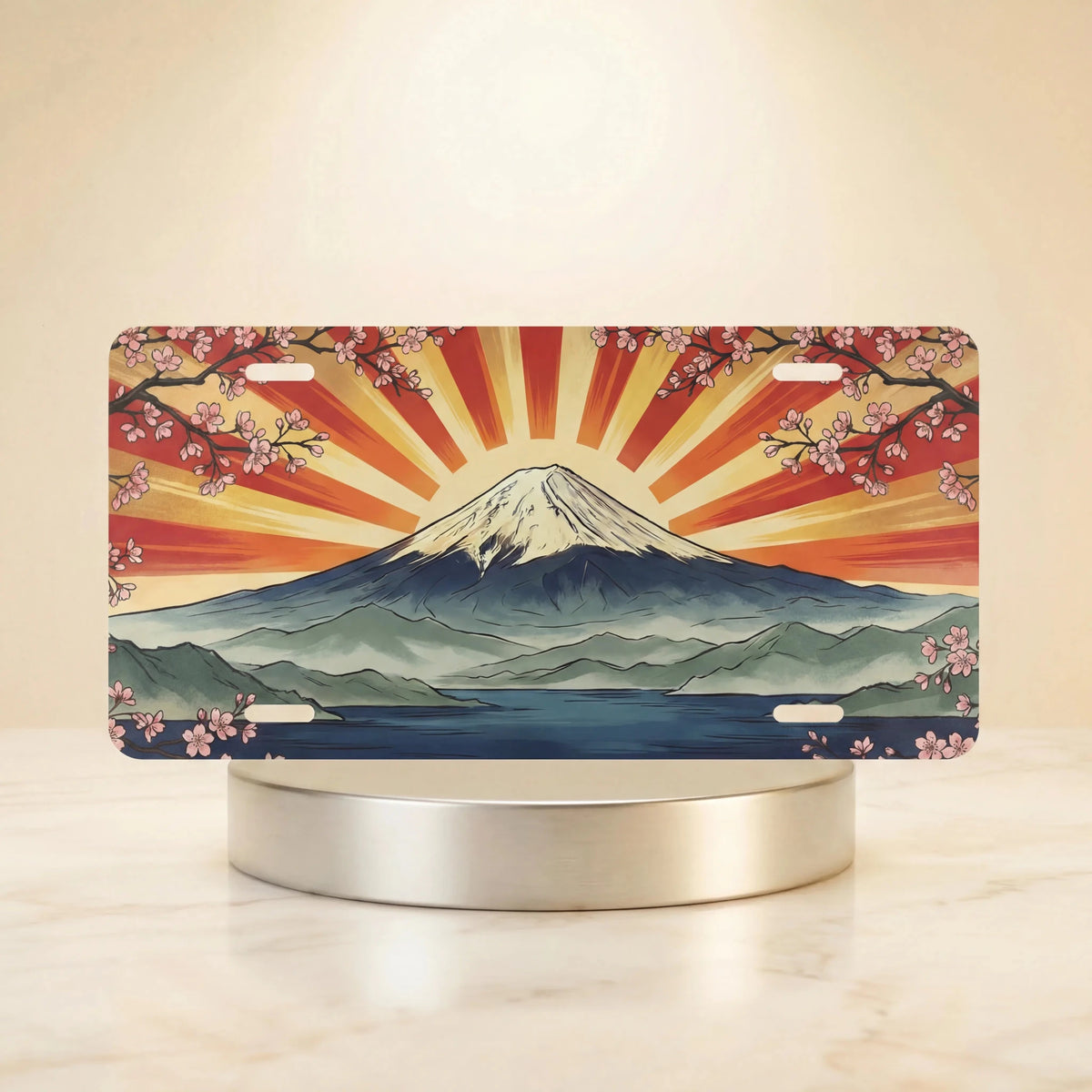 Mount Fuji Sunrise Cherry Blossoms Vanity Plate - Road Muse