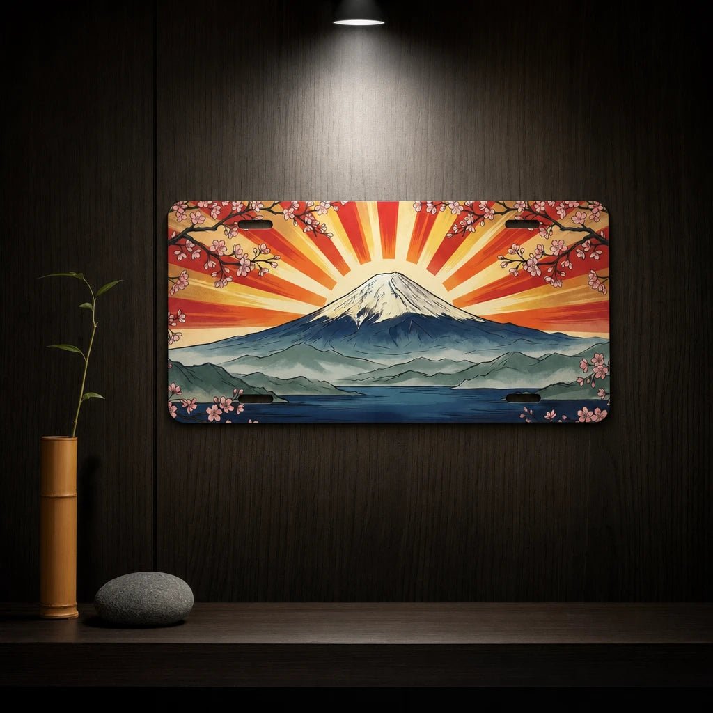 Mount Fuji Sunrise Cherry Blossoms Vanity Plate - Road Muse