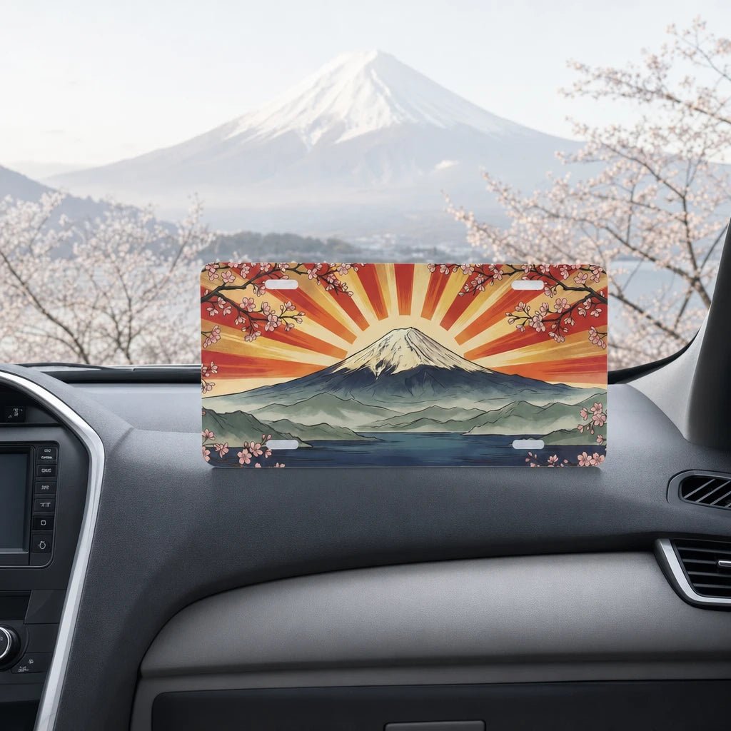 Mount Fuji Sunrise Cherry Blossoms Vanity Plate - Road Muse