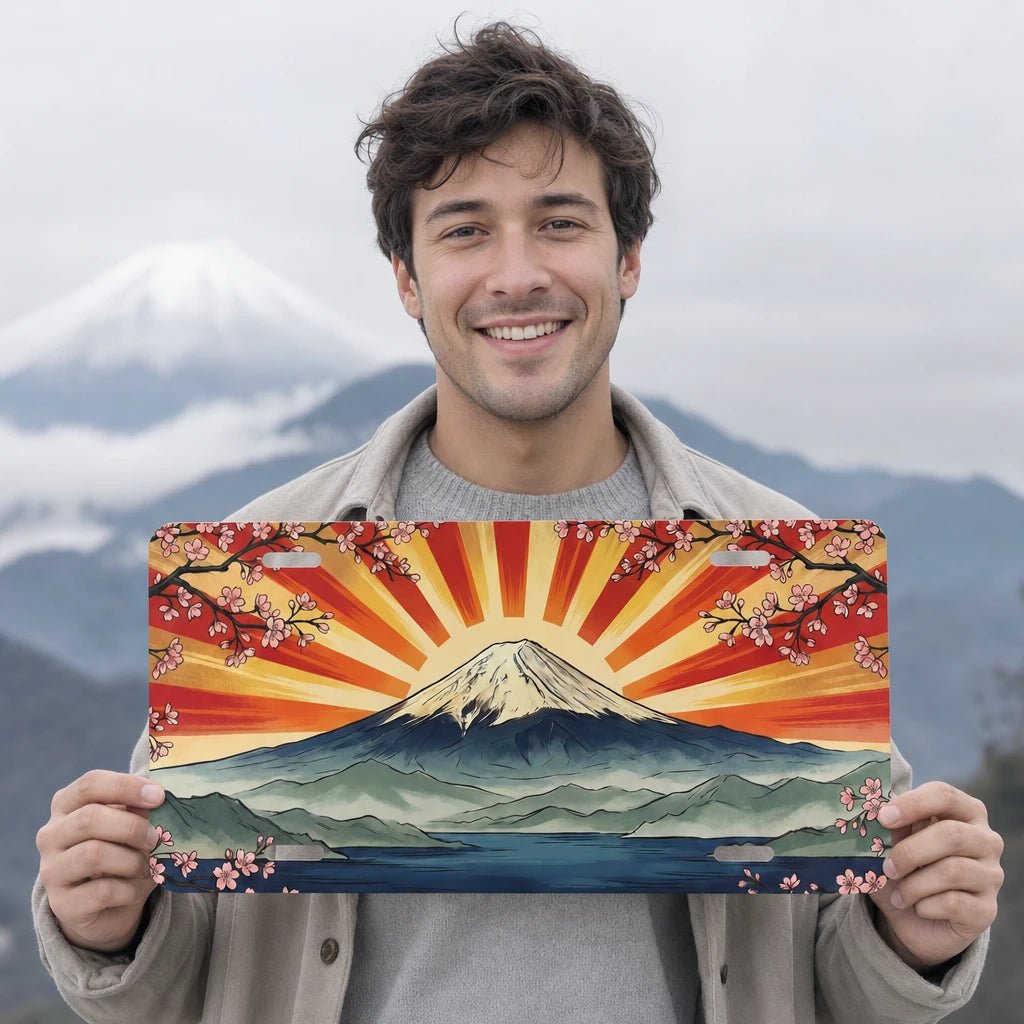 Mount Fuji Sunrise Cherry Blossoms Vanity Plate - Road Muse