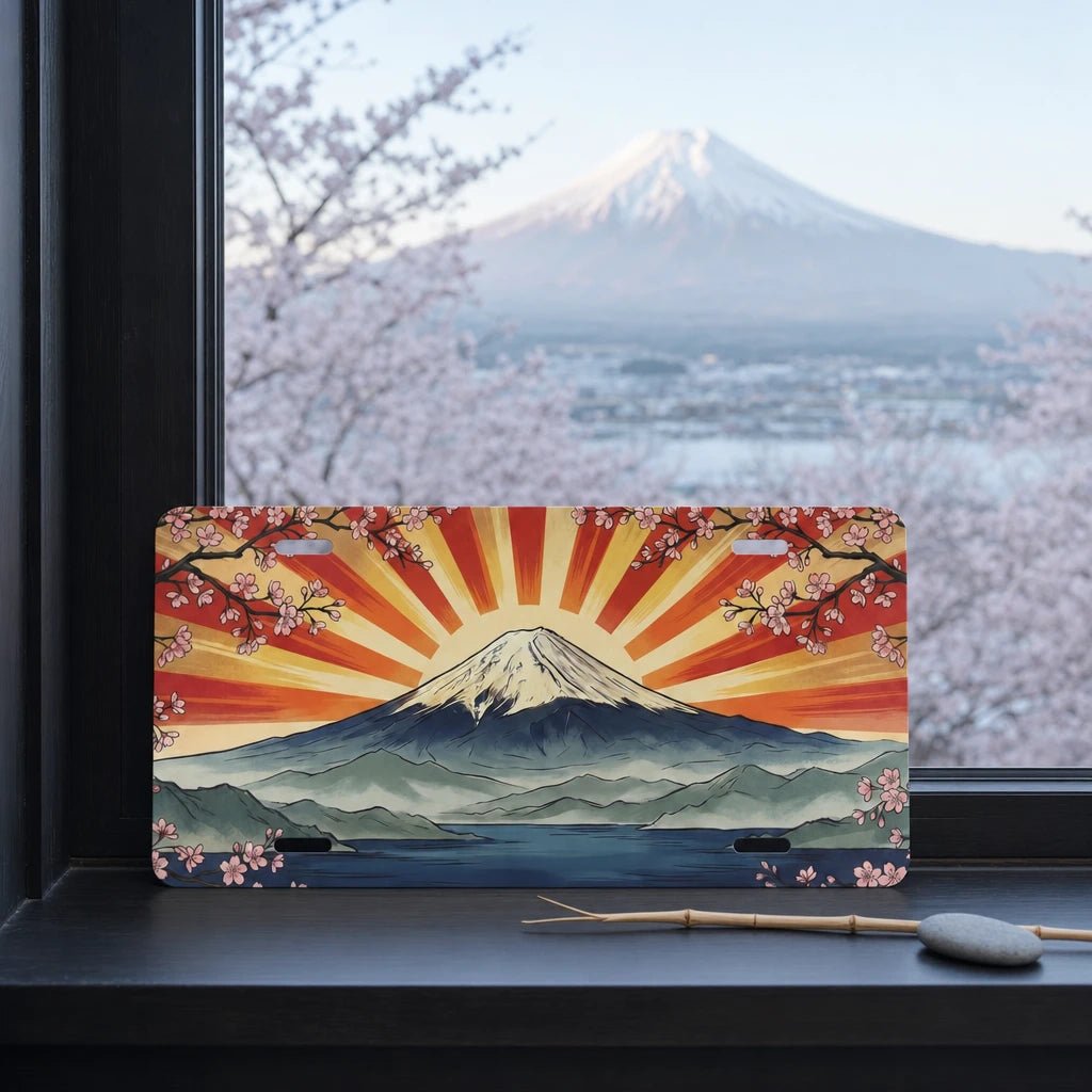 Mount Fuji Sunrise Cherry Blossoms Vanity Plate - Road Muse