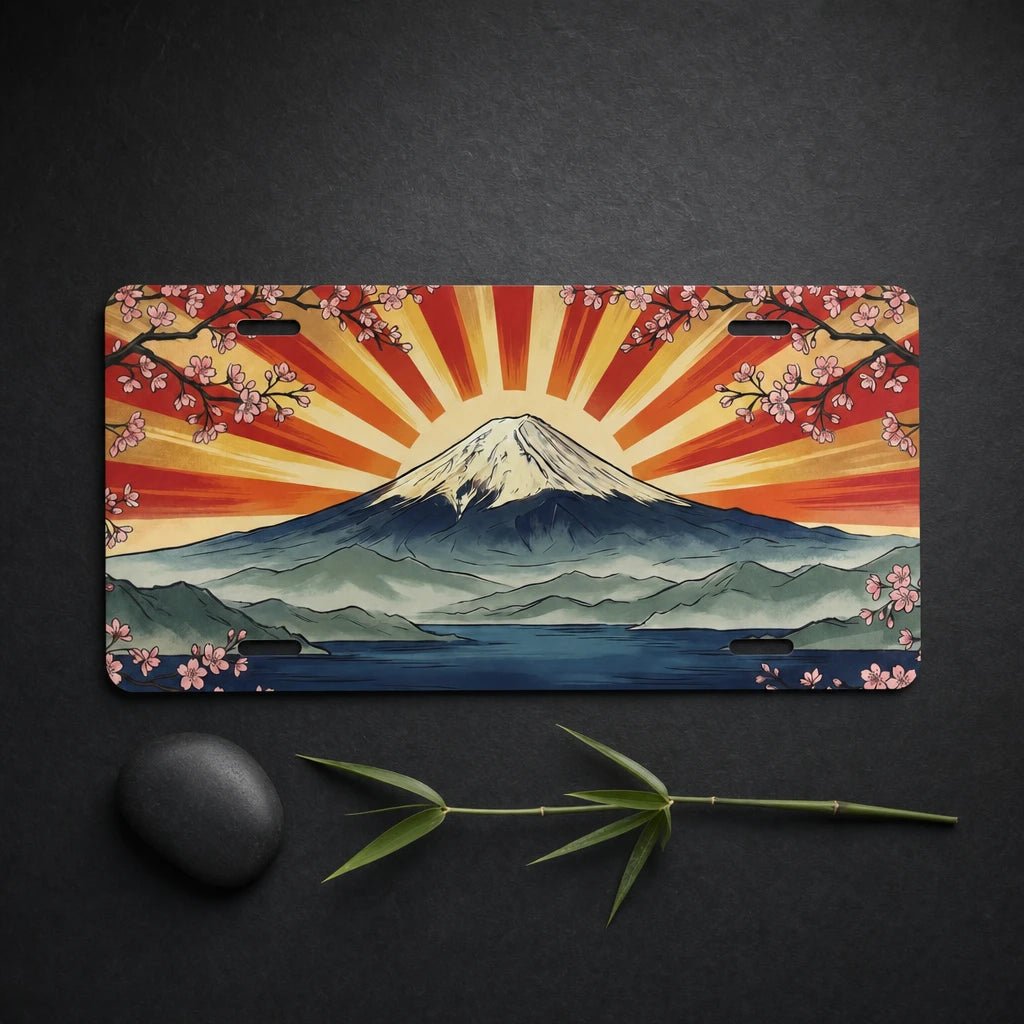 Mount Fuji Sunrise Cherry Blossoms Vanity Plate - Road Muse
