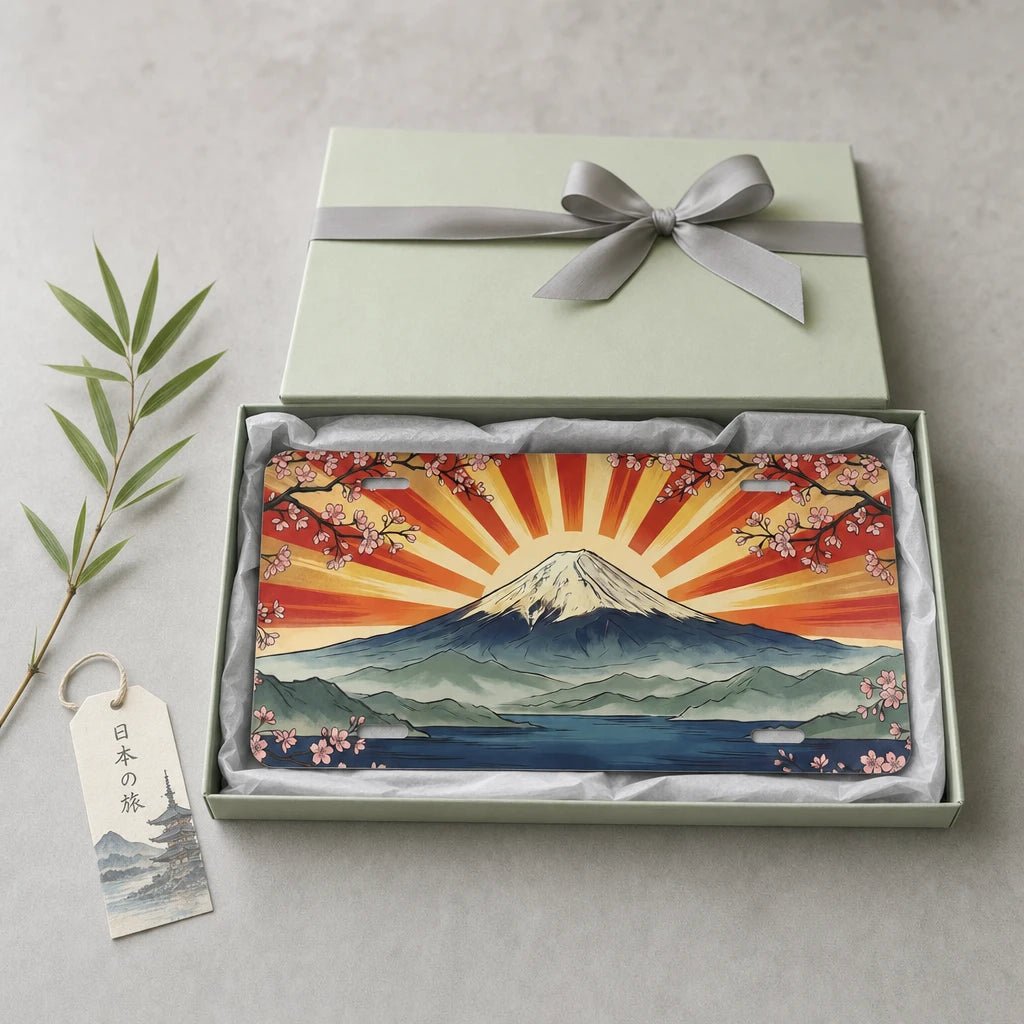 Mount Fuji Sunrise Cherry Blossoms Vanity Plate - Road Muse
