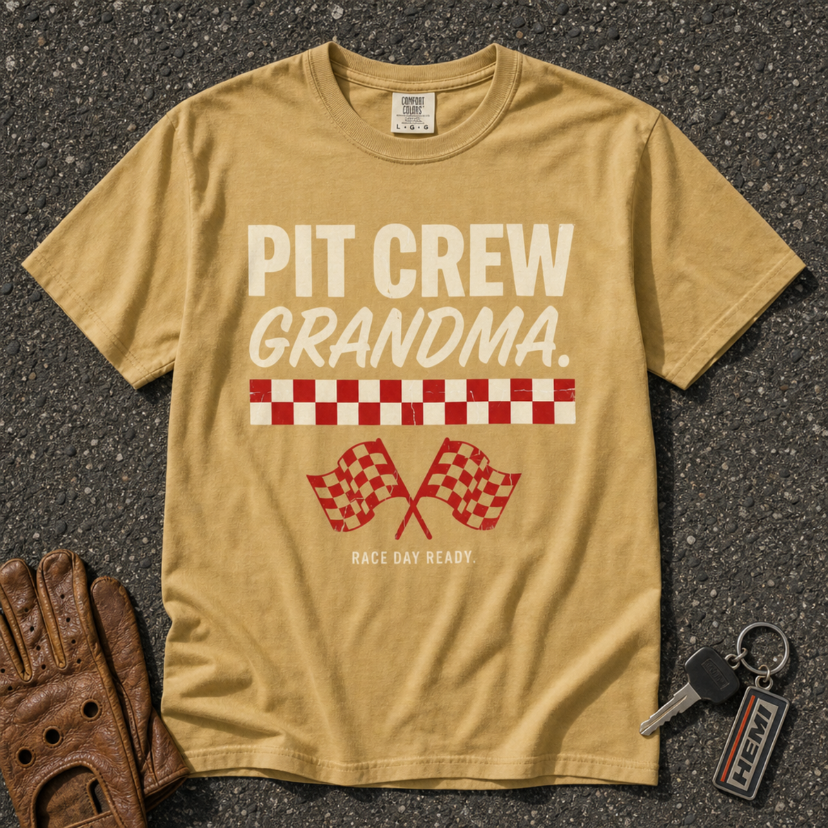 mustard pit crew grandma racing tshirt — vintage checkered flag graphic comfort colors tee