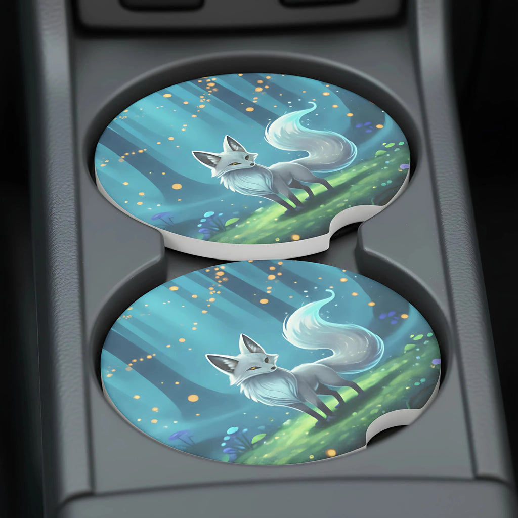 Mystical White Fox Car Coasters Set - Road Muse