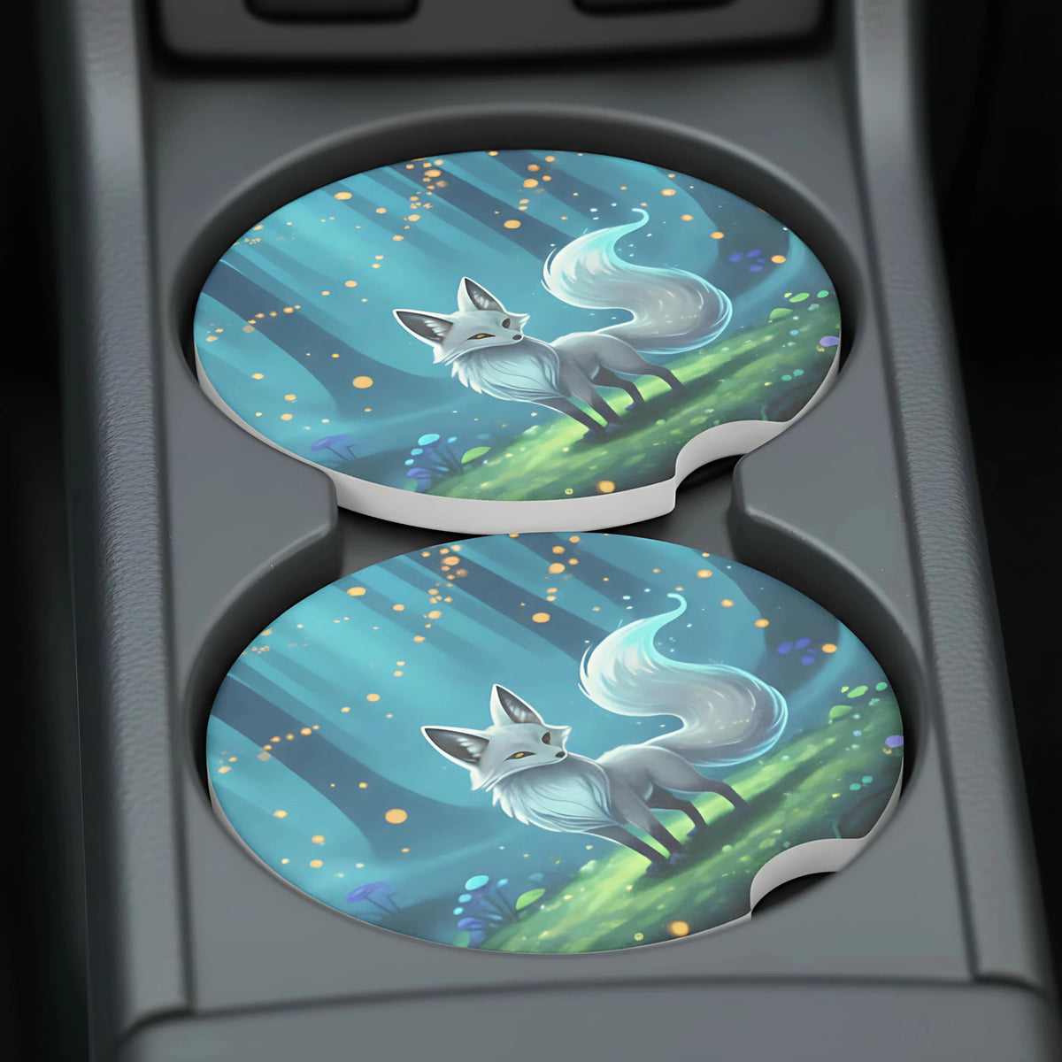 Mystical White Fox Car Coasters Set - Road Muse
