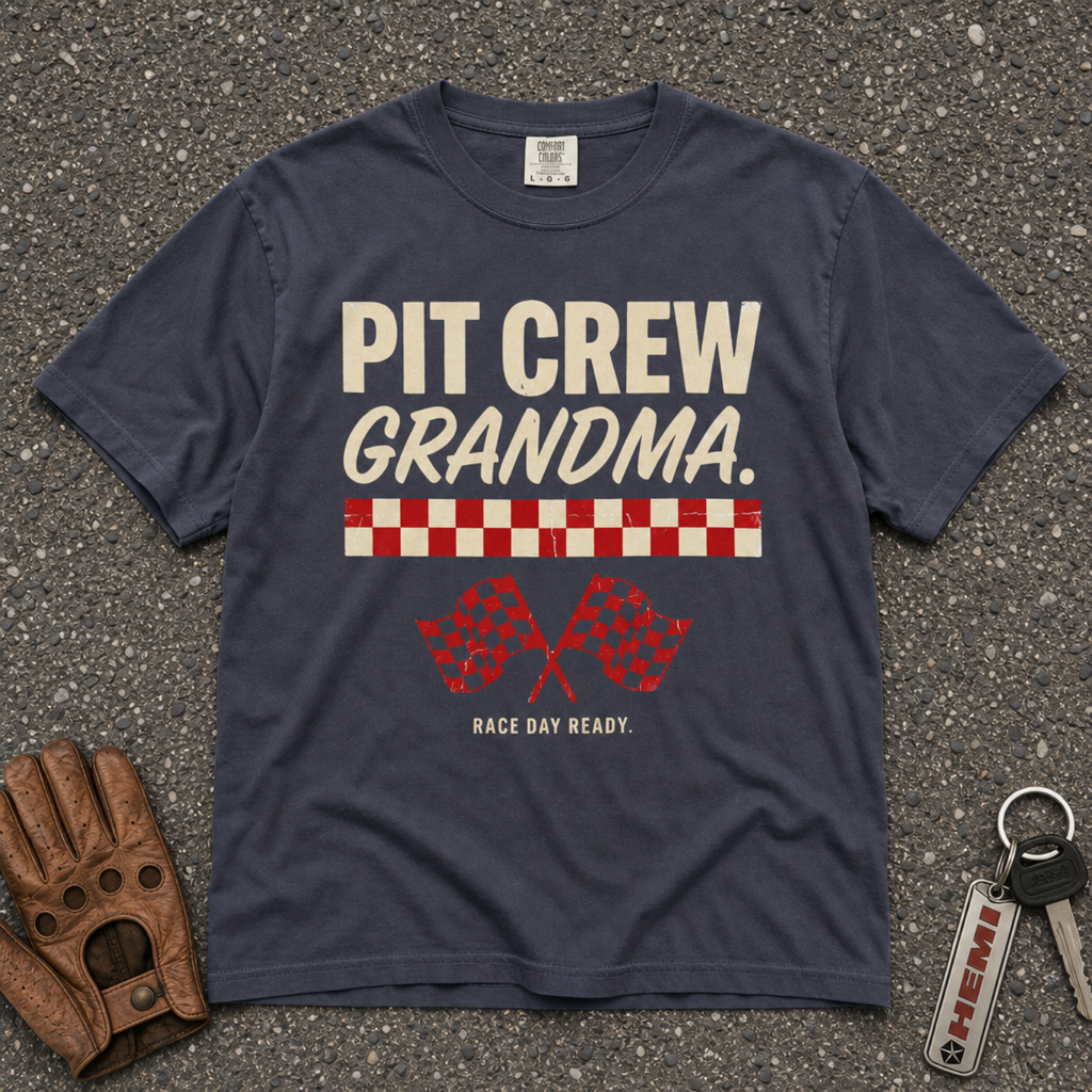 pit crew grandma racing flags graphic tee — navy vintage motorsport shirt