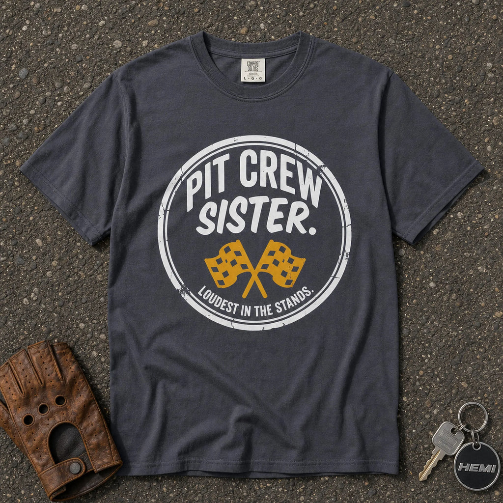 navy pit crew sister tshirt flat lay — checkered flag graphic comfort colors heavyweight tee
