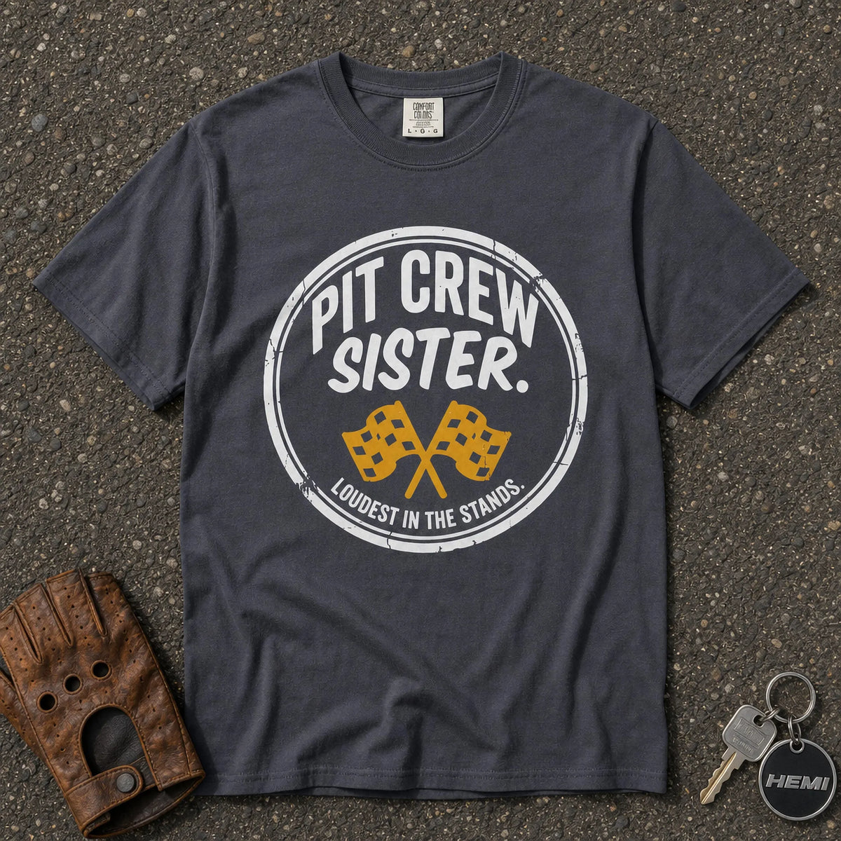navy pit crew sister tshirt flat lay — checkered flag graphic comfort colors heavyweight tee