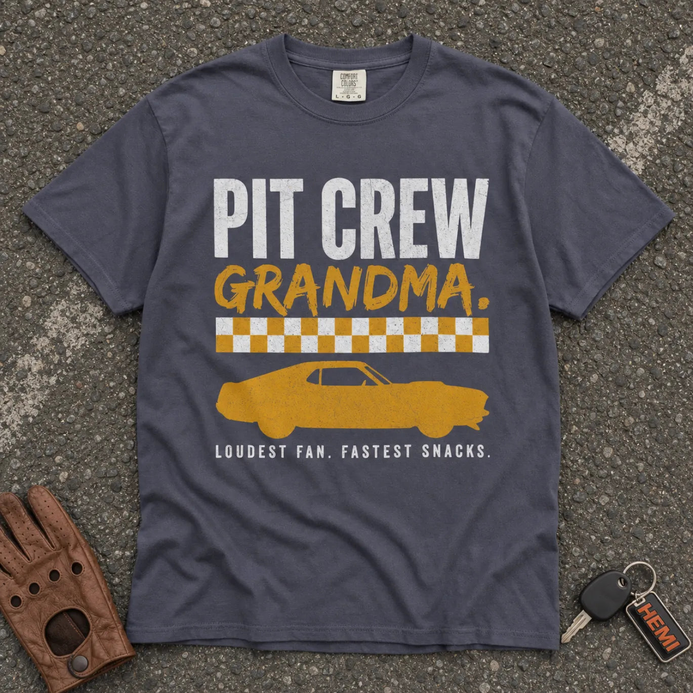 navy pit crew grandma tshirt — vintage racing car silhouette comfort colors tee