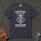 navy certified mechanic tshirt — vintage piston wrench emblem comfort colors garage shirt