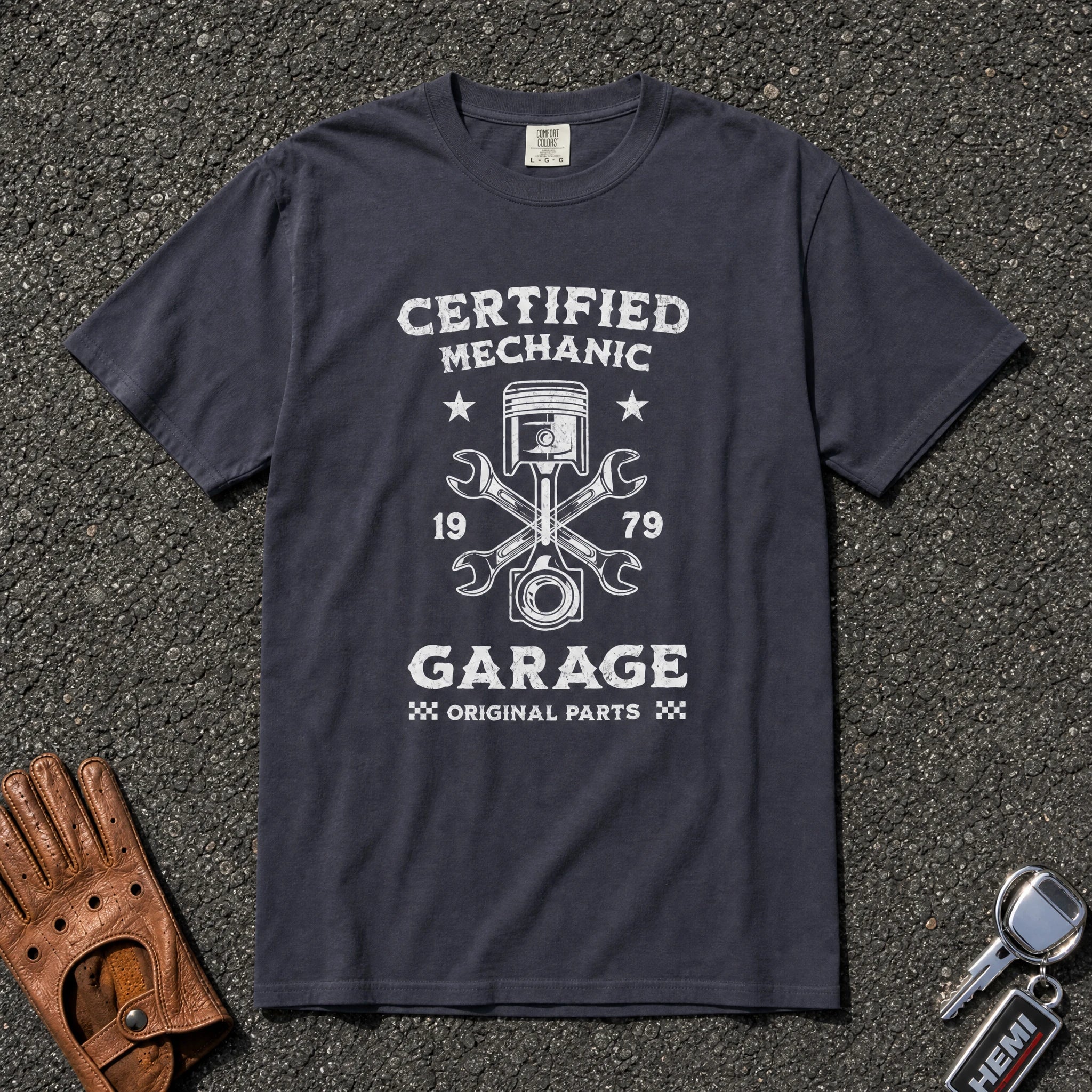 navy certified mechanic tshirt — vintage piston wrench emblem comfort colors garage shirt