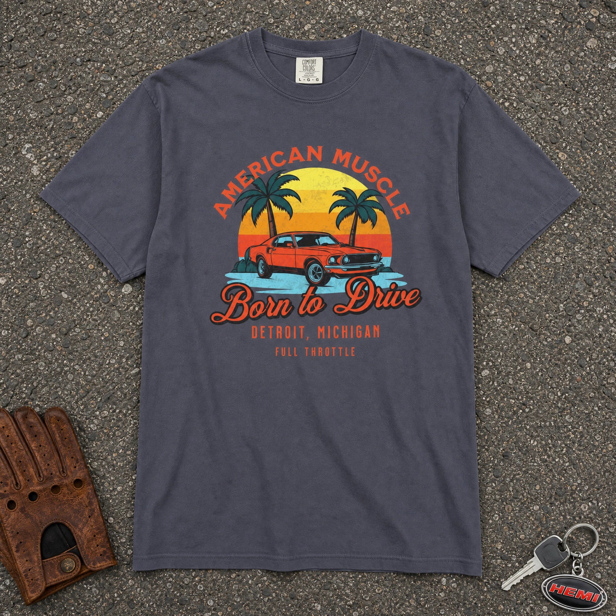 navy american muscle born to drive tshirt — vintage car sunset comfort colors road trip tee