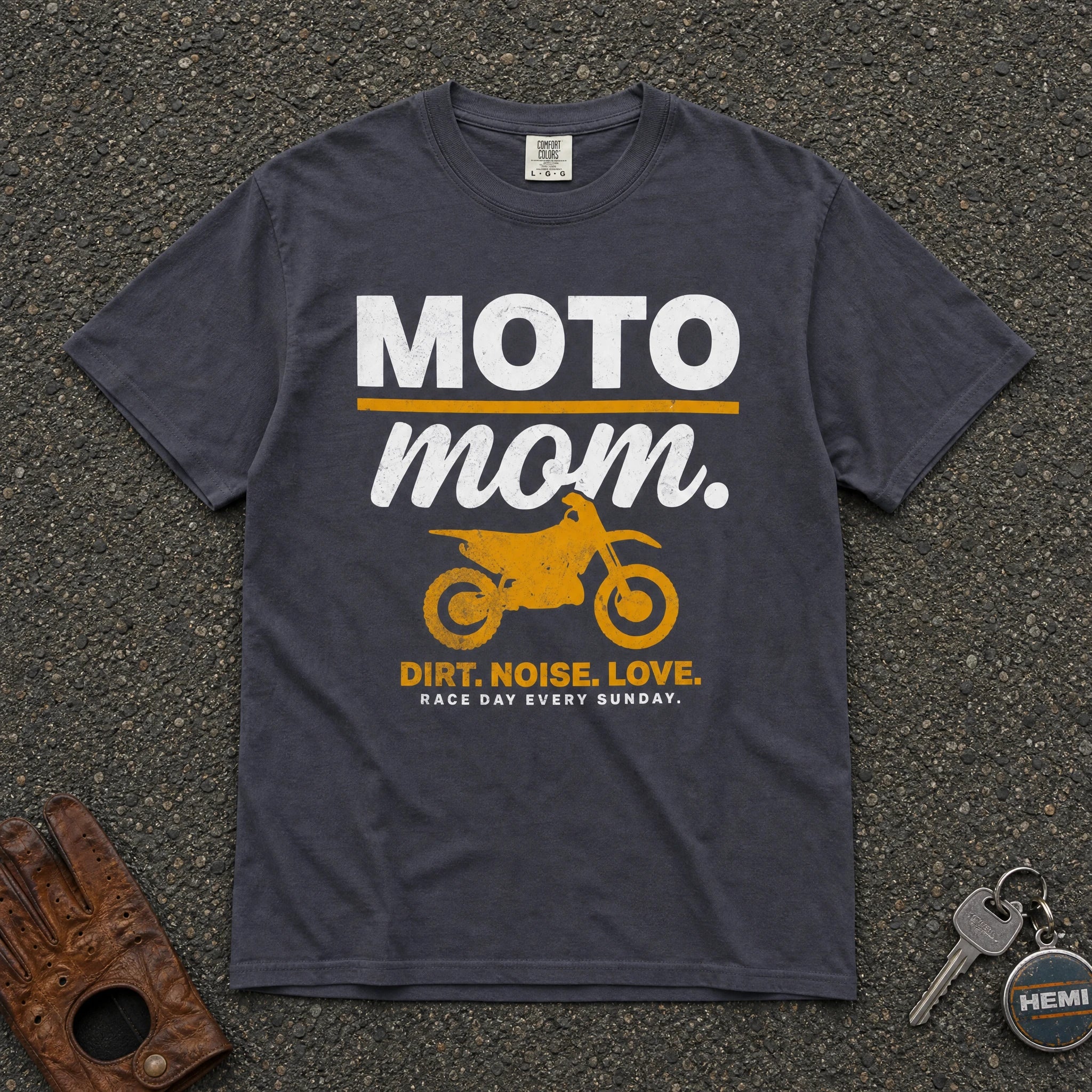navy moto mom tshirt — vintage dirt bike silhouette comfort colors tee