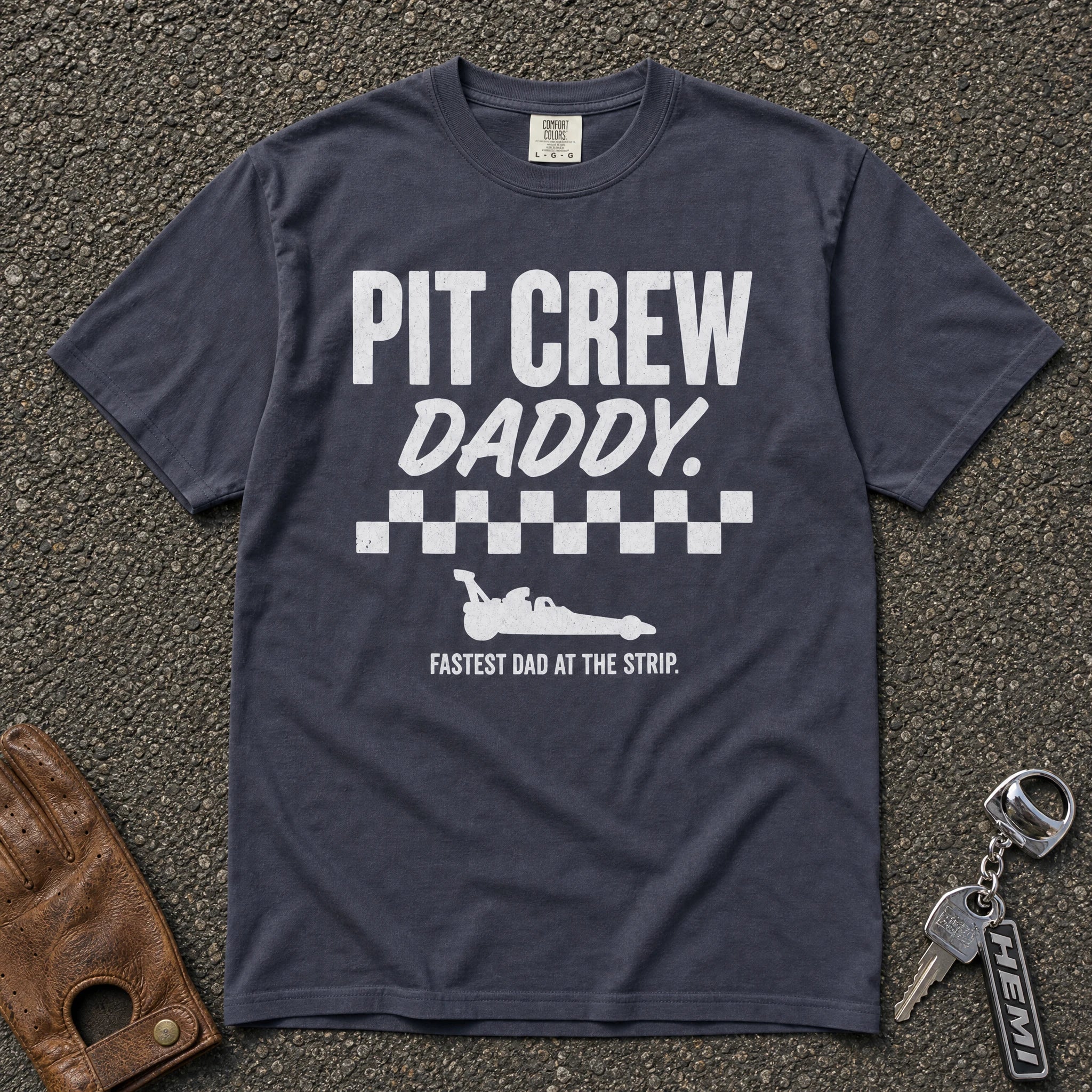 navy pit crew daddy tshirt — checkered flag car silhouette comfort colors racing tee