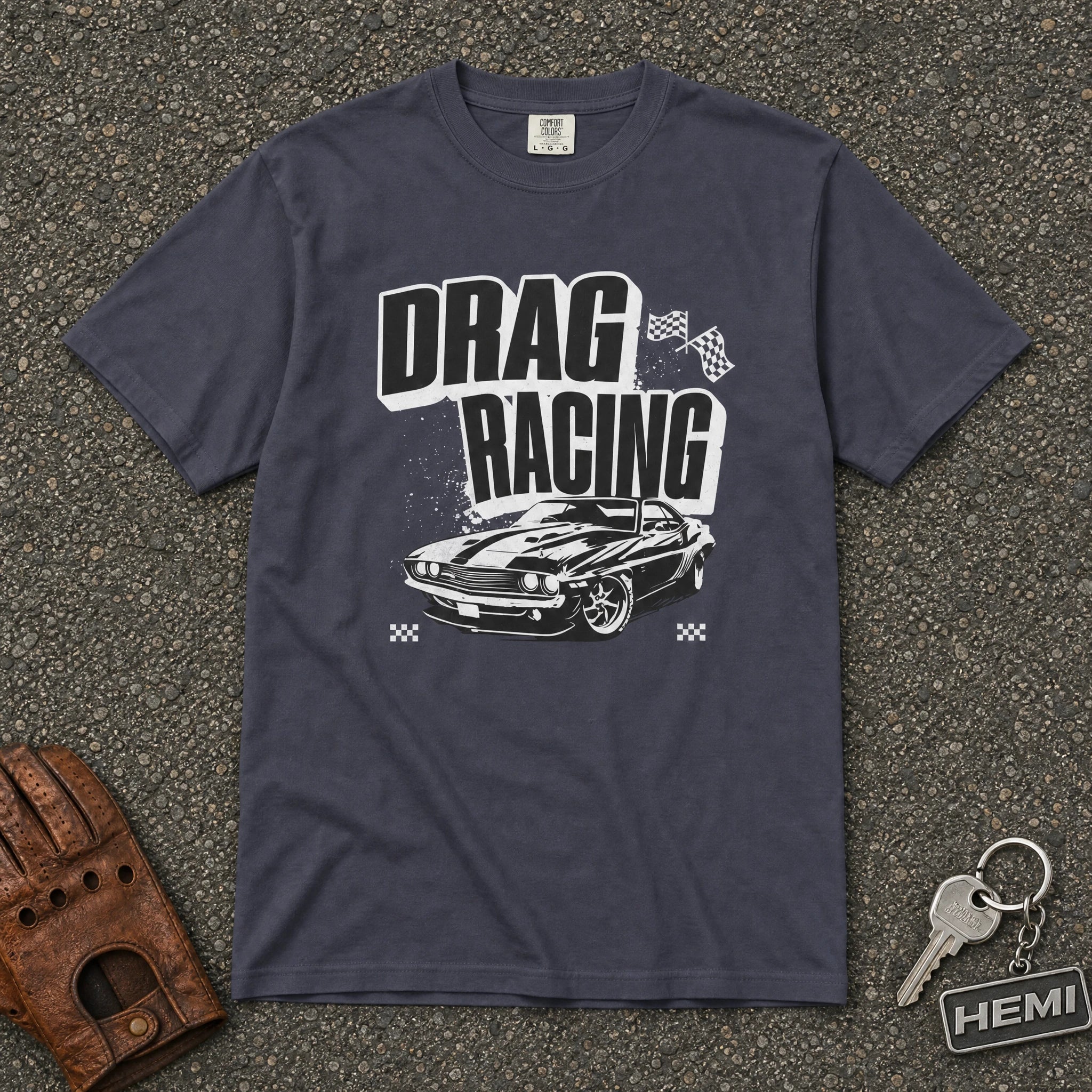 drag racing vintage muscle car tee — navy bold typography racing graphic comfort colors shirt