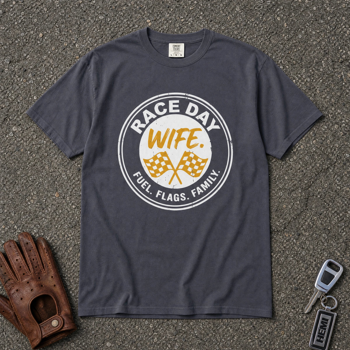navy race day wife circle flags comfort colors tee — fuel flags family motorsport shirt