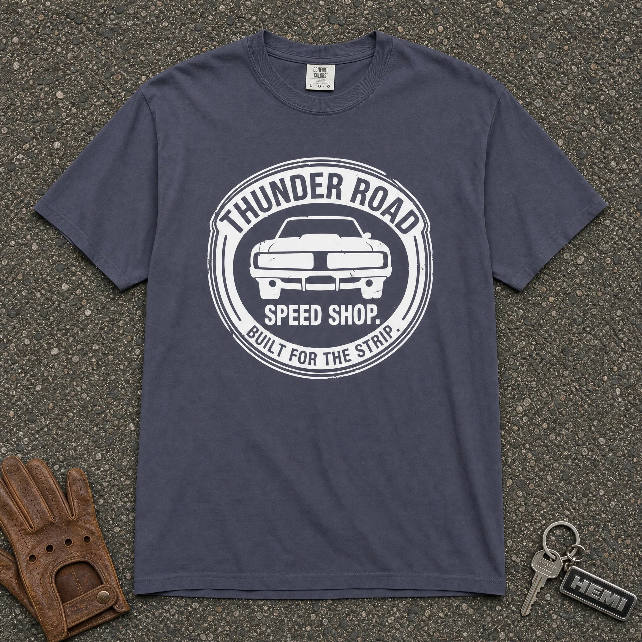 navy thunder road speed shop tshirt - vintage muscle car logo comfort colors tee