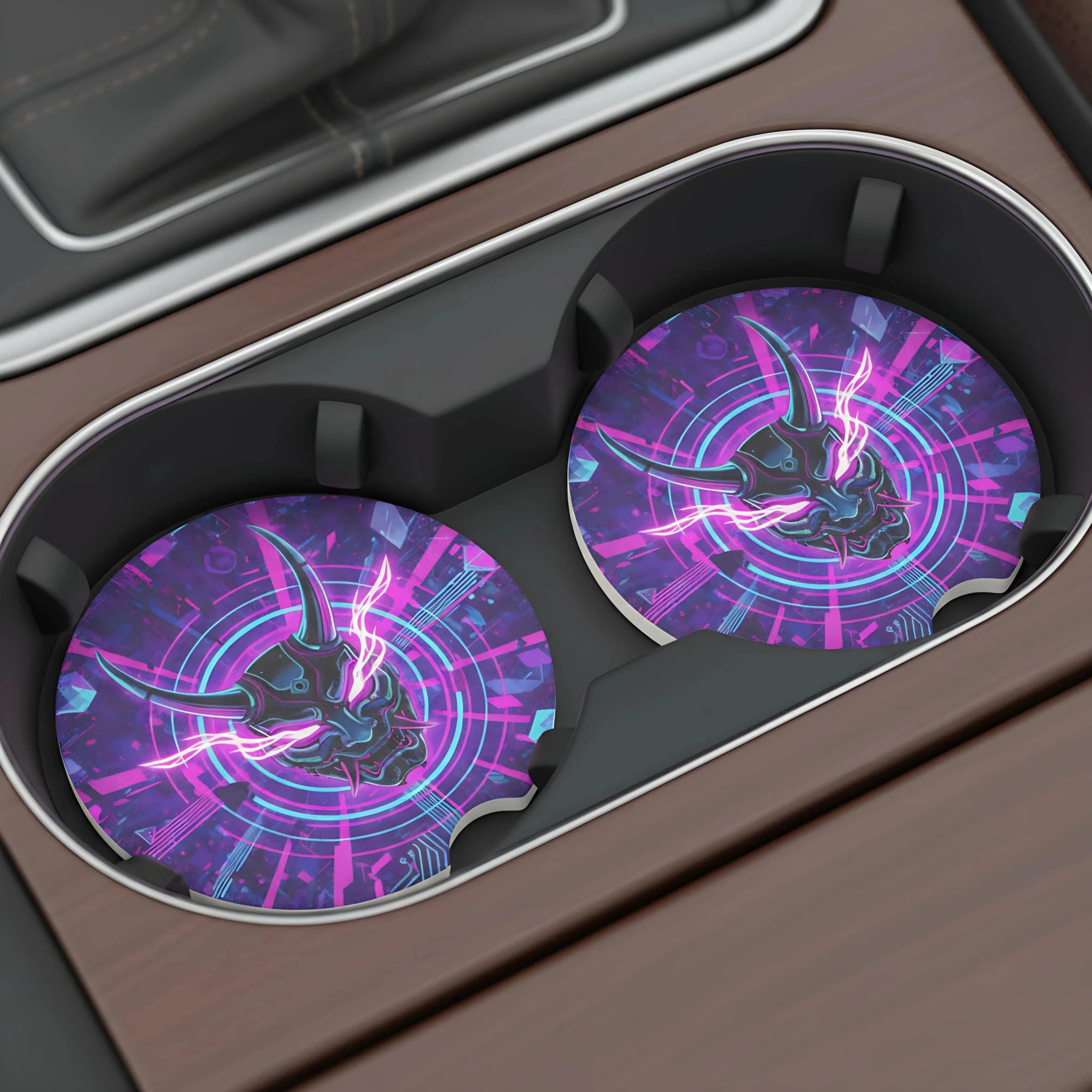 Neon Oni Mask Cyberpunk Car Coasters Set - Road Muse