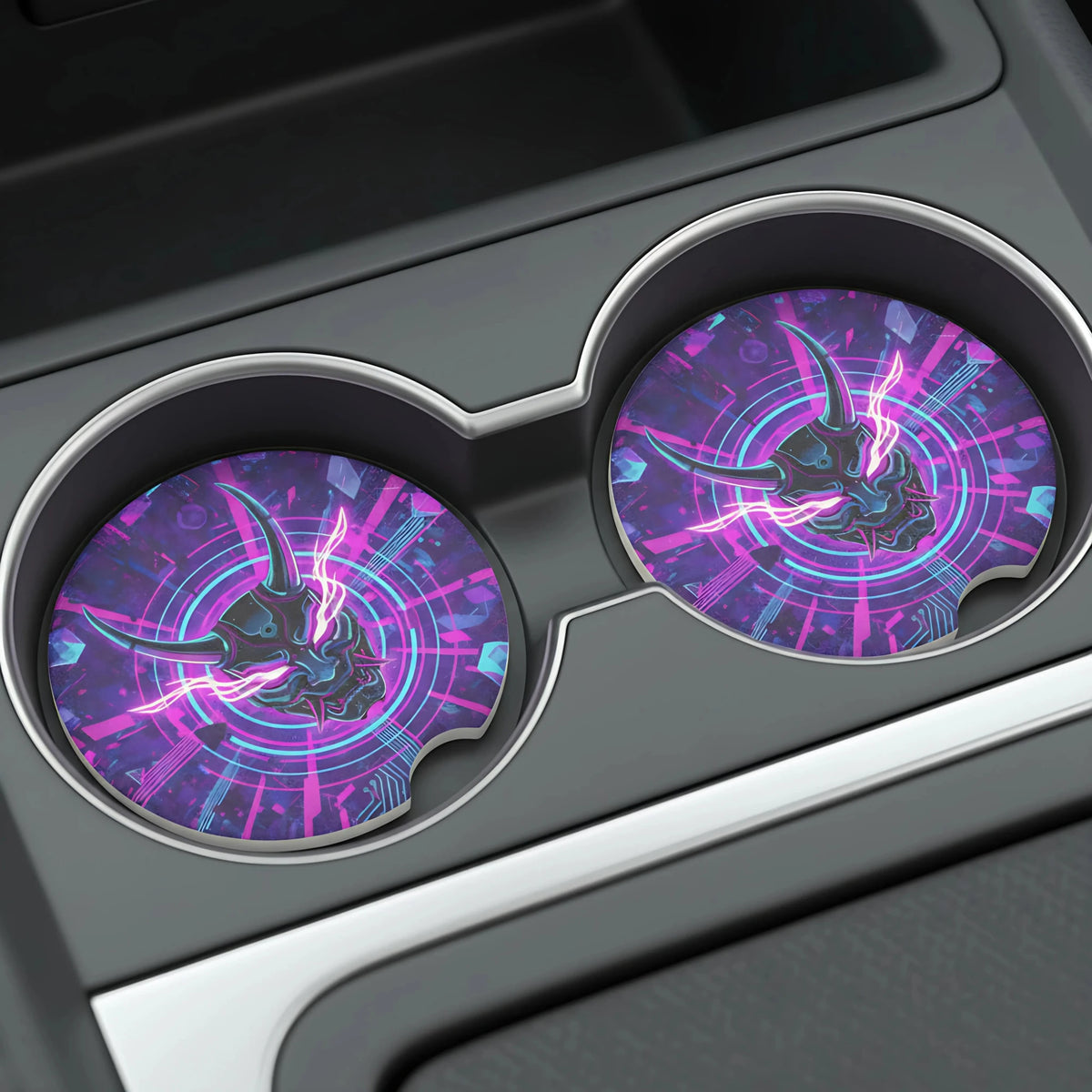 Neon Oni Mask Cyberpunk Car Coasters Set - Road Muse