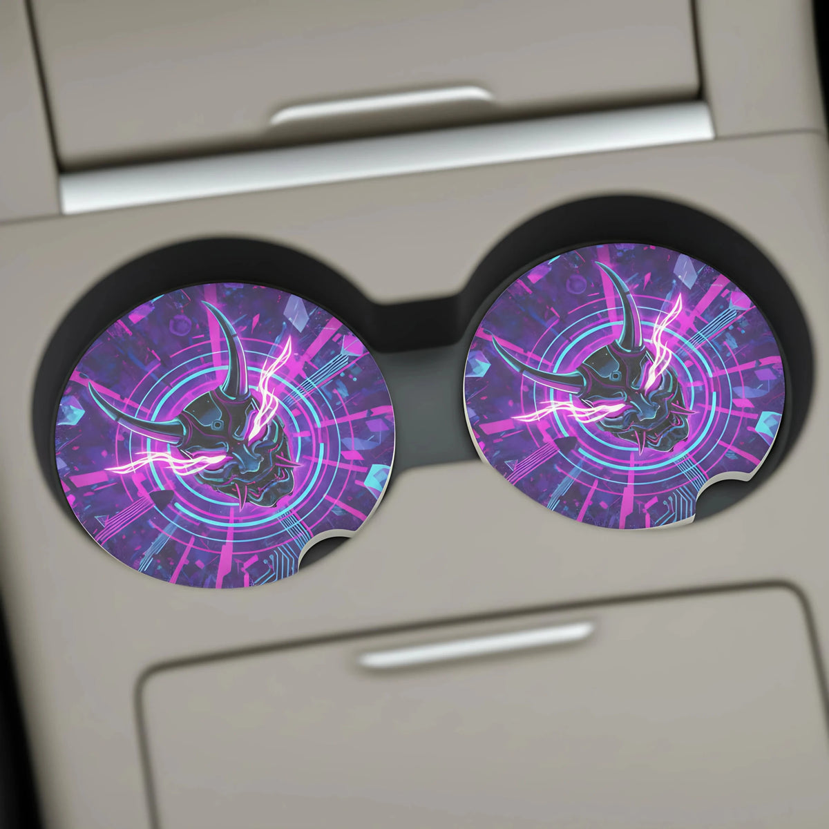 Neon Oni Mask Cyberpunk Car Coasters Set - Road Muse