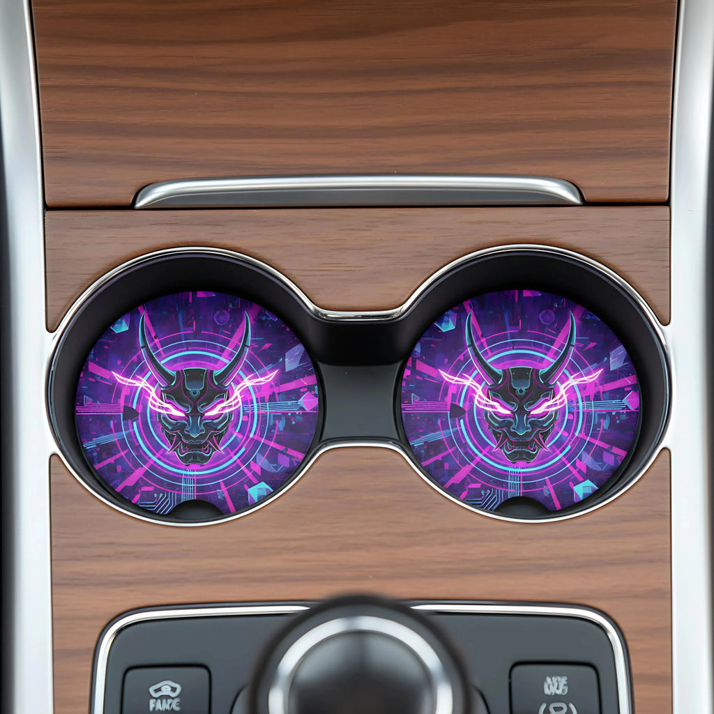 Neon Oni Mask Cyberpunk Car Coasters Set - Road Muse