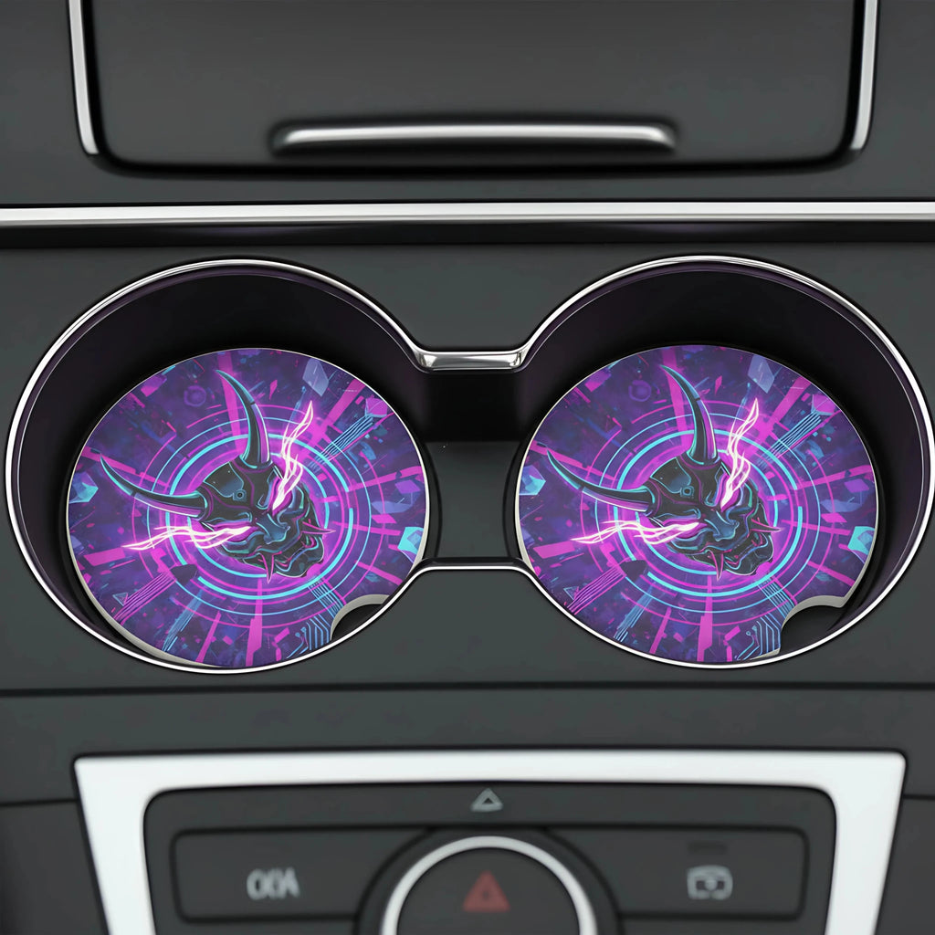Neon Oni Mask Cyberpunk Car Coasters Set - Road Muse