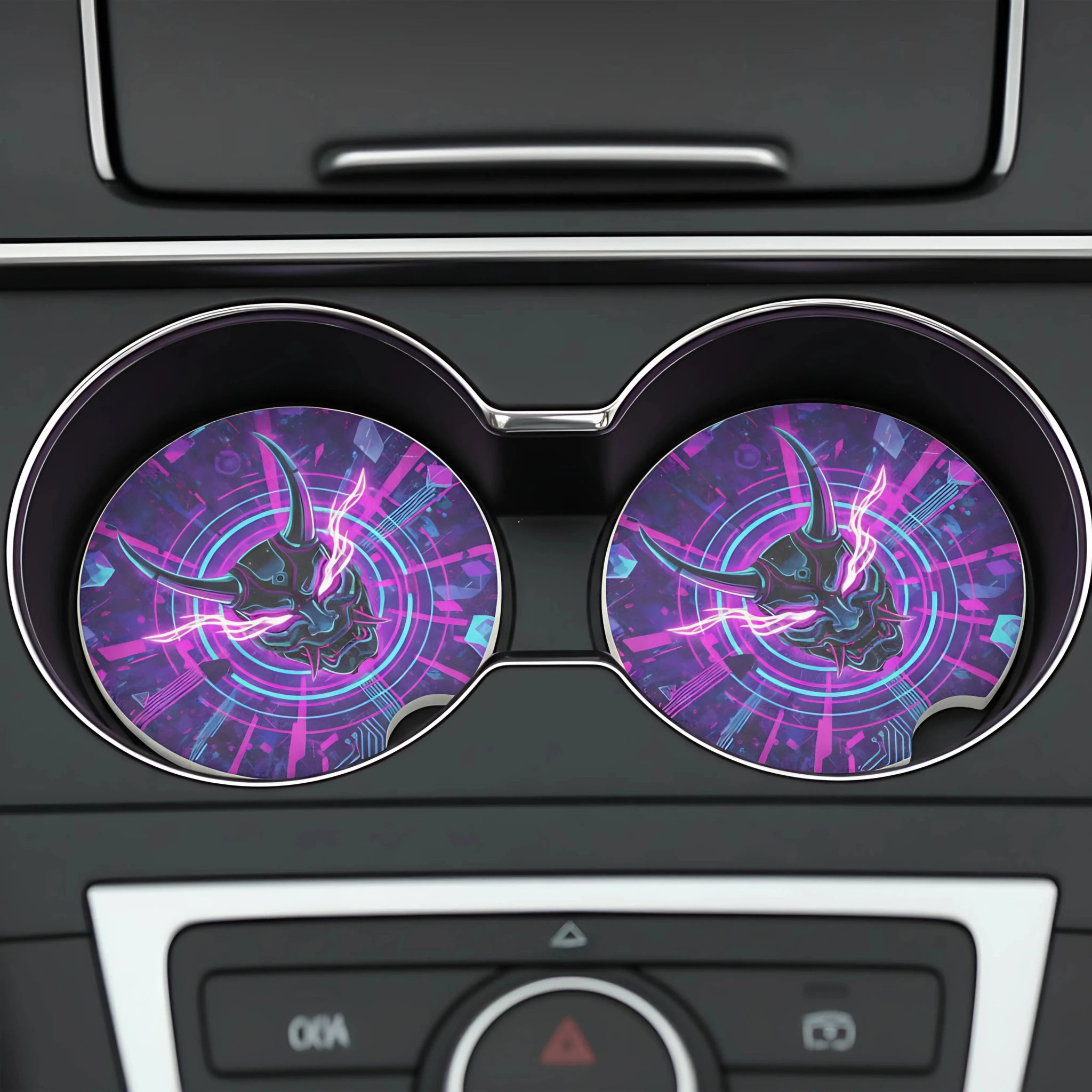 Neon Oni Mask Cyberpunk Car Coasters Set - Road Muse