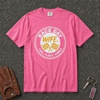 neon pink race day wife graphic tshirt — vintage circle checkered flags comfort colors tee