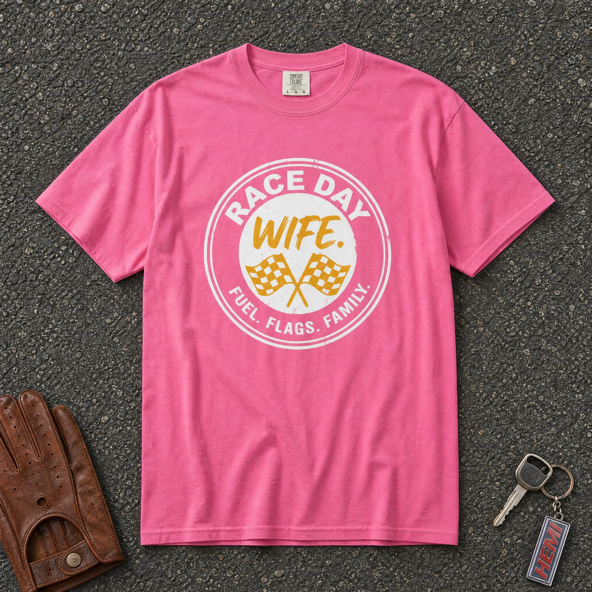 neon pink race day wife graphic tshirt — vintage circle checkered flags comfort colors tee