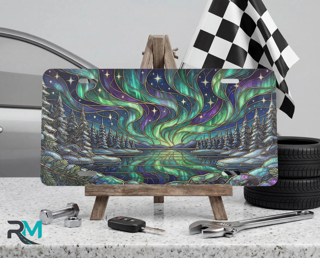 Northern Lights Lake Scene Vanity Plate - Road Muse