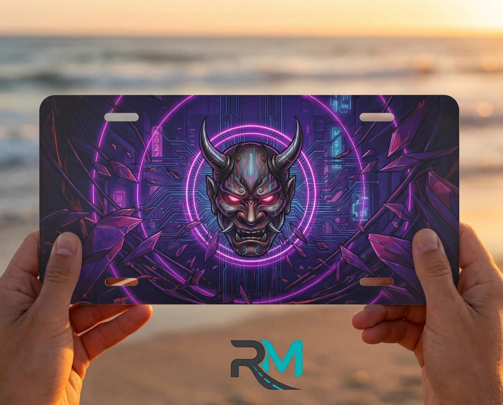 Oni Demon Mask Neon Cyberpunk Vanity Plate - Road Muse