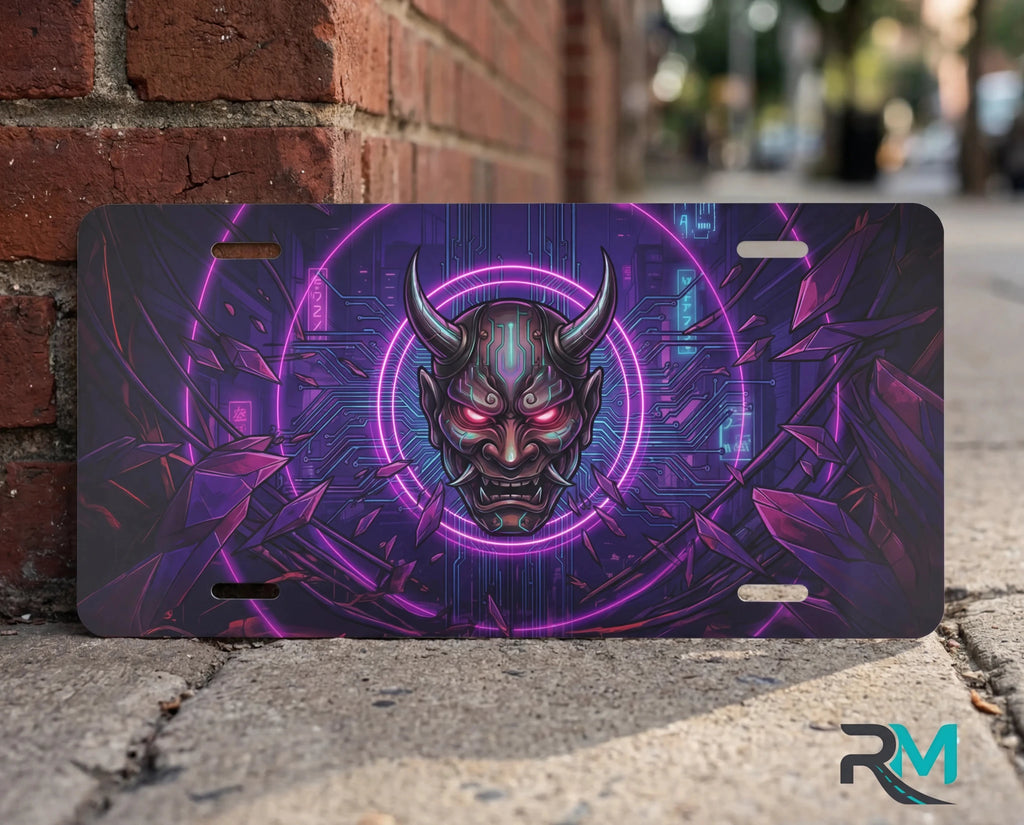 Oni Demon Mask Neon Cyberpunk Vanity Plate - Road Muse